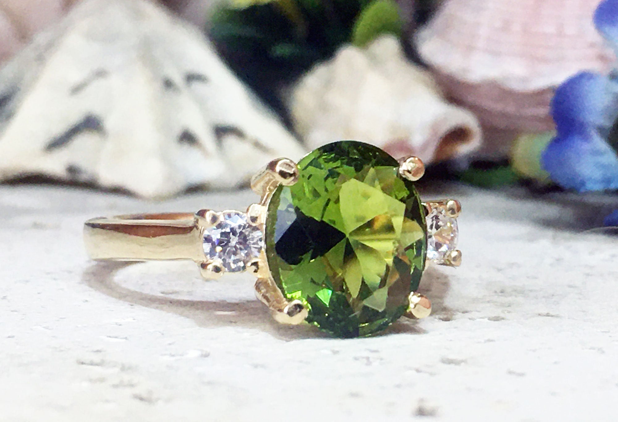 Peridot Ring - August Birthstone Jewelry - Statement Engagement Ring with Oval Peridot Gemstone and Clear Quartz Accents - H.L.Jewelry