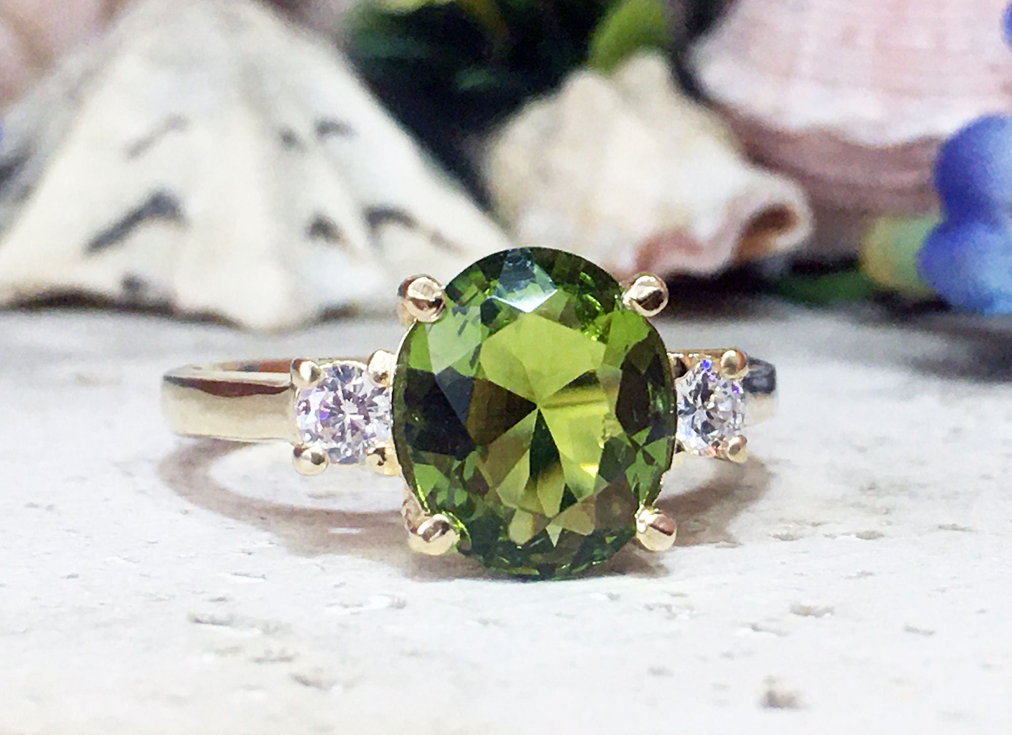 Peridot Ring - August Birthstone Jewelry - Statement Engagement Ring with Oval Peridot Gemstone and Clear Quartz Accents - H.L.Jewelry