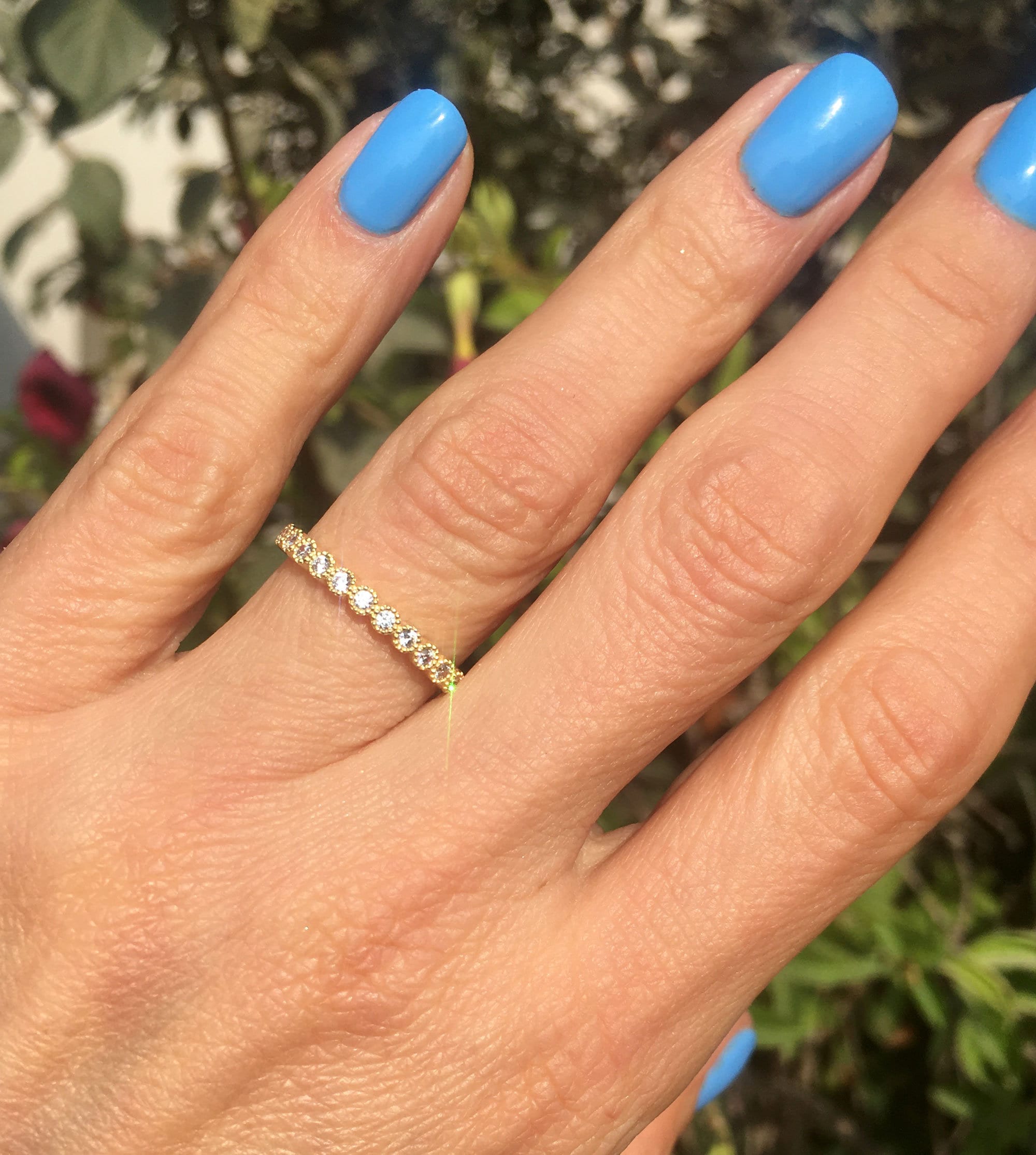 Clear Quartz Ring - April Birthstone - Delicate Stacking Half Eternity Ring with Eleven Round Clear Quartz Gemstones - H.L.Jewelry