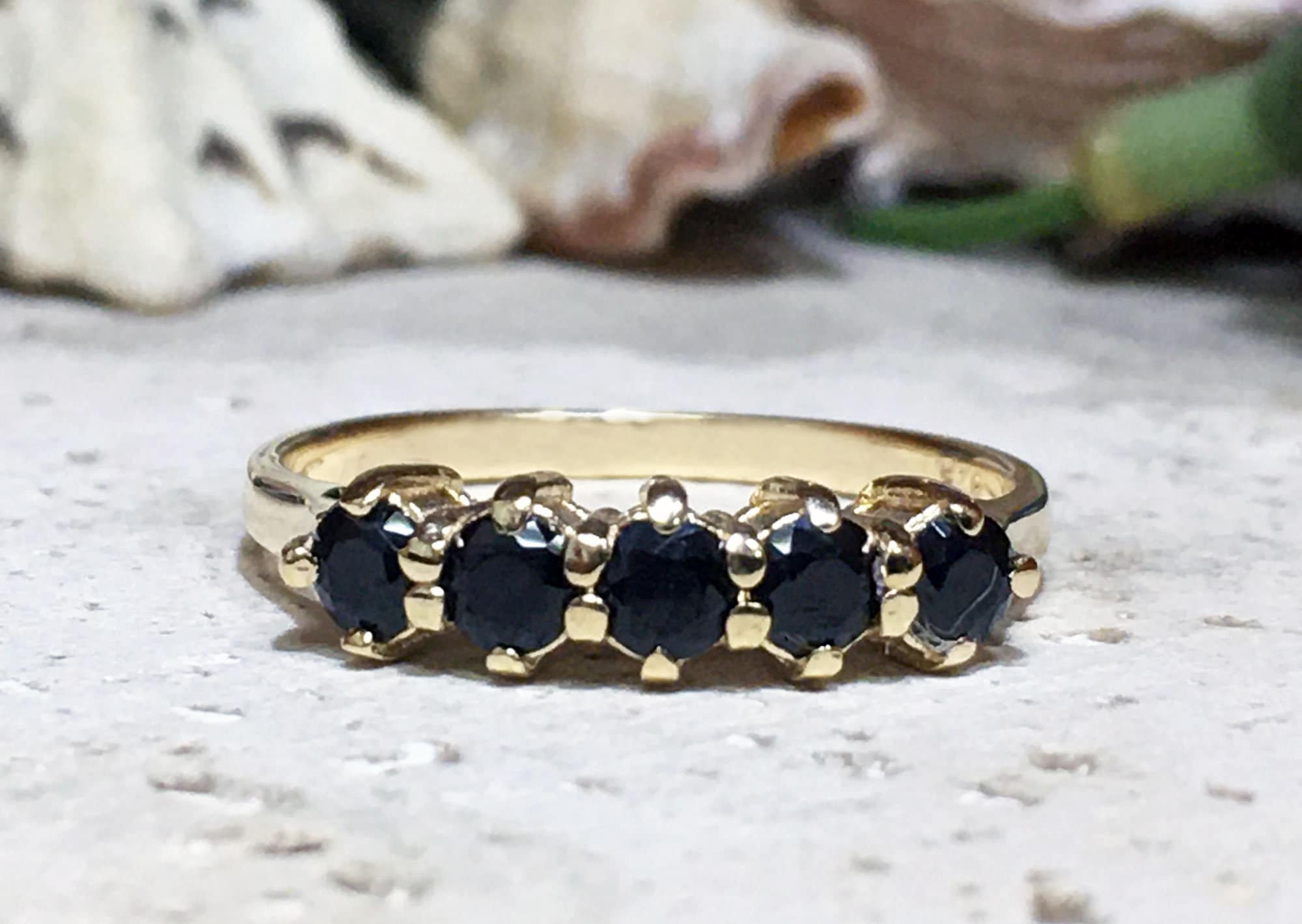 Black Onyx Ring - December Birthstone - Stacking Ring with Five Round Black Onyx Gemstones - H.L.Jewelry