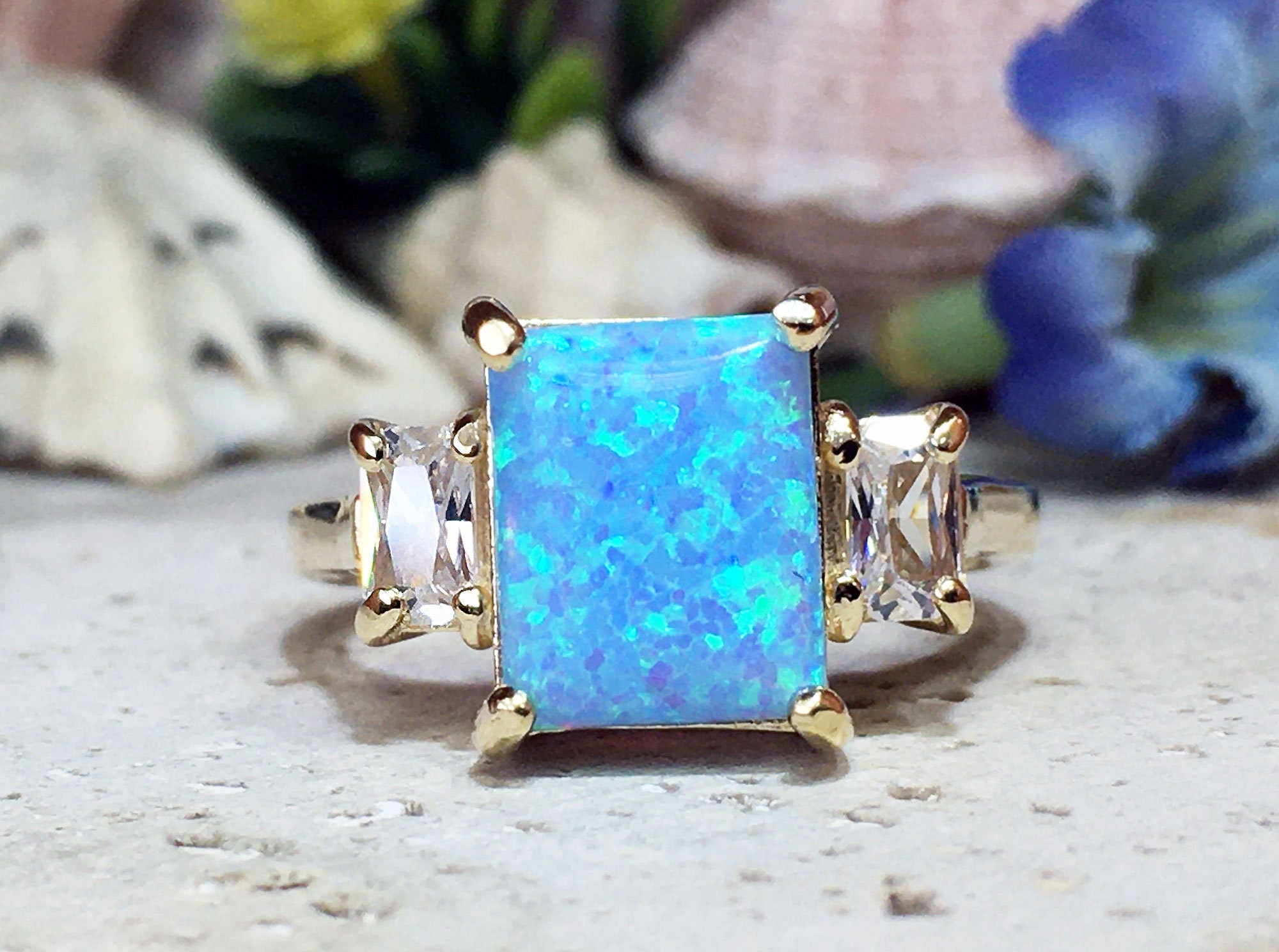 Blue Opal Ring - October Birthstone - Statement Engagement Ring with Octagon Blue Opal and Clear Quartz Accents - H.L.Jewelry