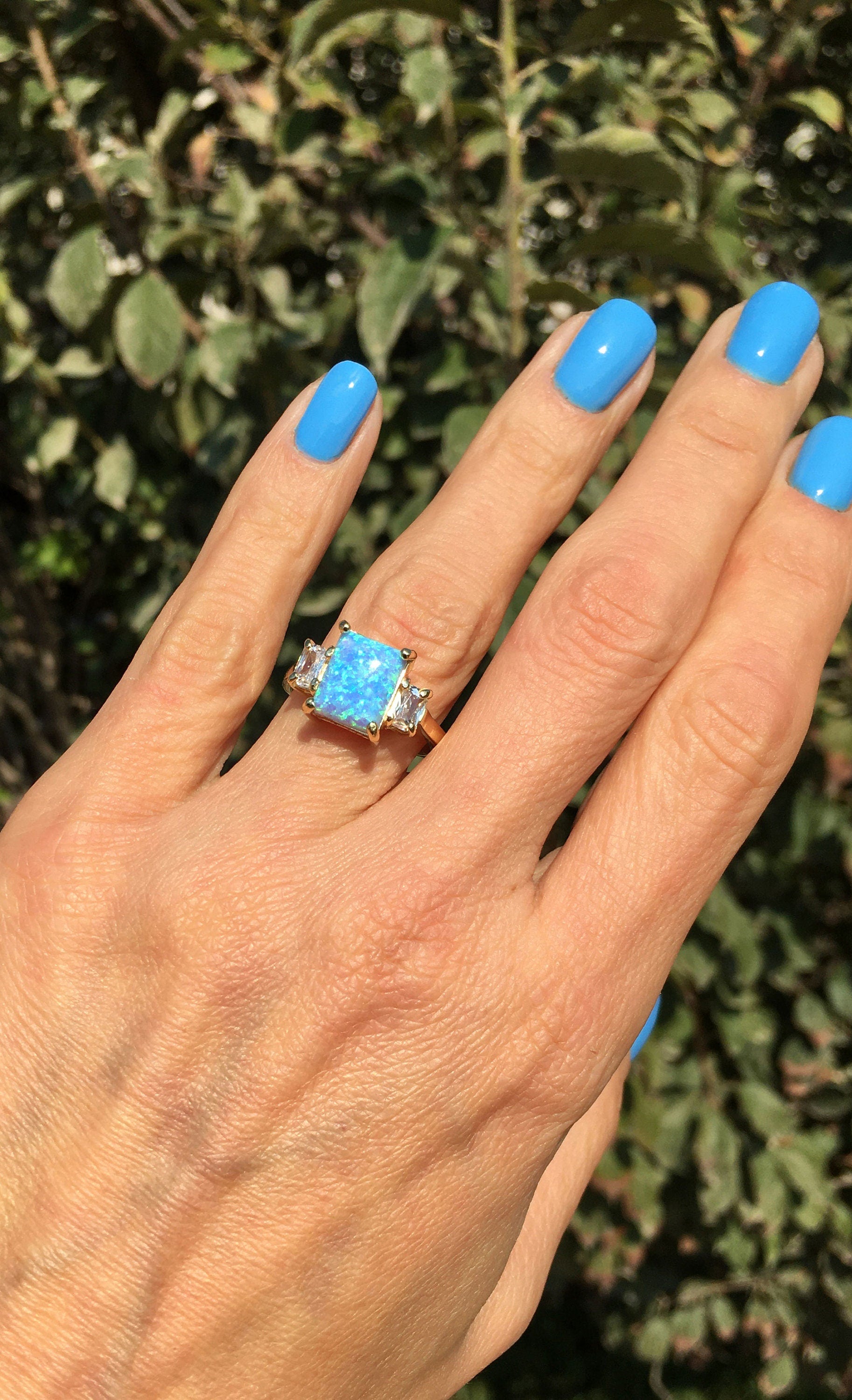 Blue Opal Ring - October Birthstone - Statement Engagement Ring with Octagon Blue Opal and Clear Quartz Accents - H.L.Jewelry