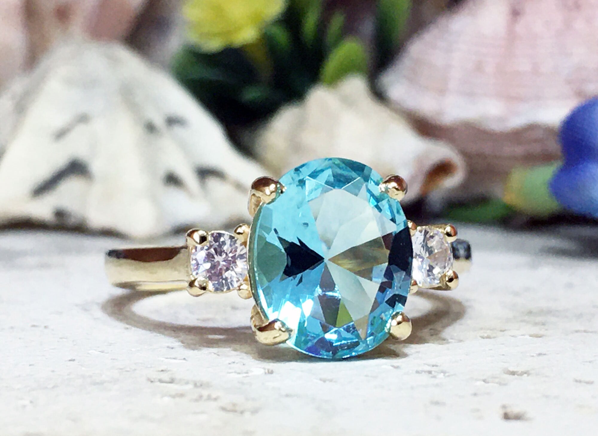 Aquamarine Ring - March Birthstone - Statement Engagement Ring with Oval Aquamarine Gemstone and Clear Quartz Accents - H.L.Jewelry