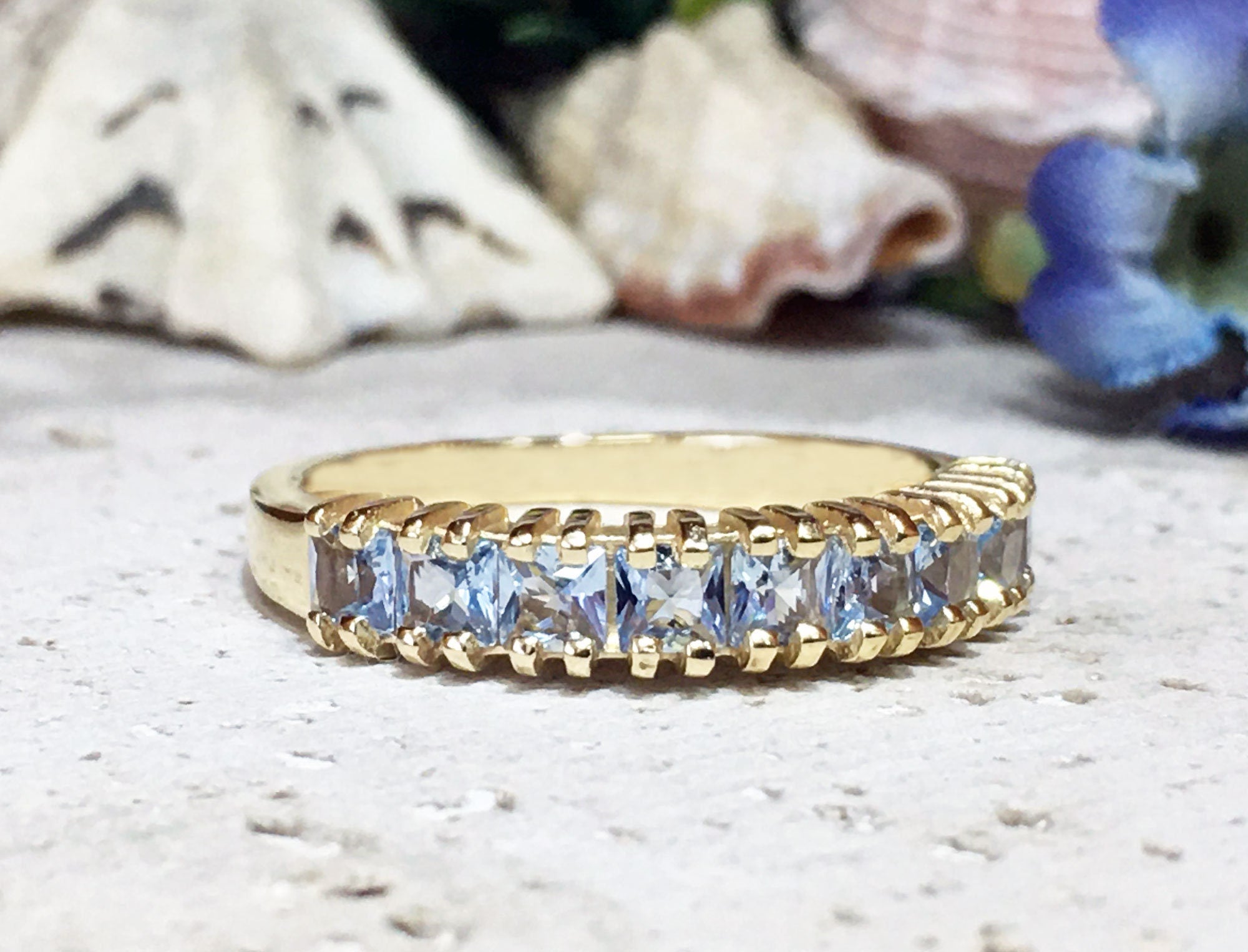 Aquamarine Ring - March Birthstone - Stacking Ring with Nine Square Aquamarine Gemstones - H.L.Jewelry