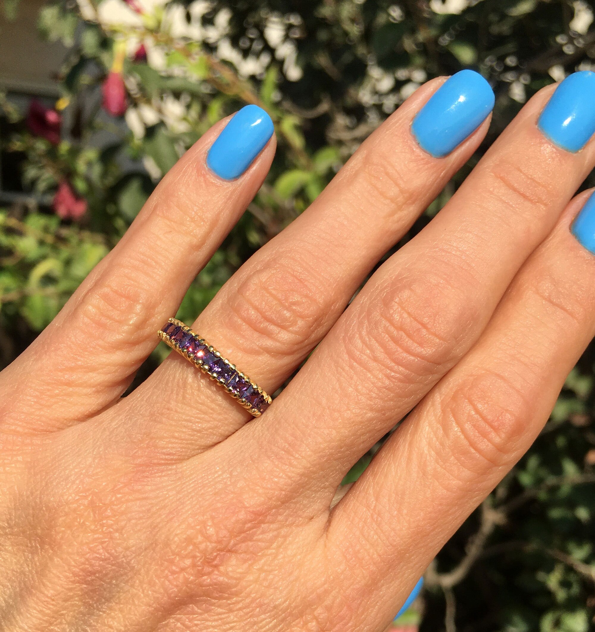 Purple Amethyst Ring - February Birthstone - Stacking Ring with Nine Square Purple Amethyst Stones - H.L.Jewelry