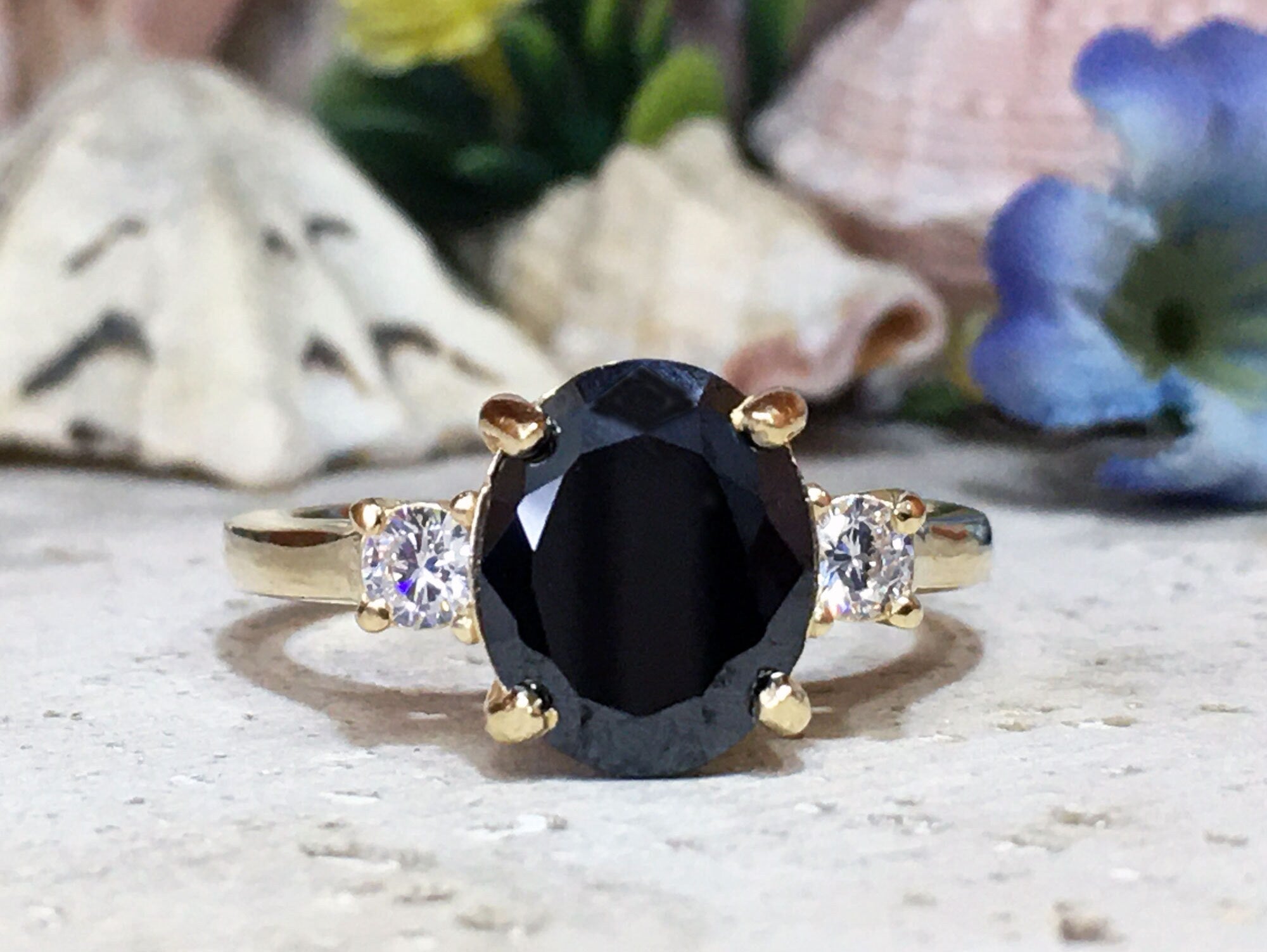 Black Onyx Ring - December Birthstone - Statement Engagement Ring with Oval Black Onyx Gemstone and Clear Quartz Accents - H.L.Jewelry