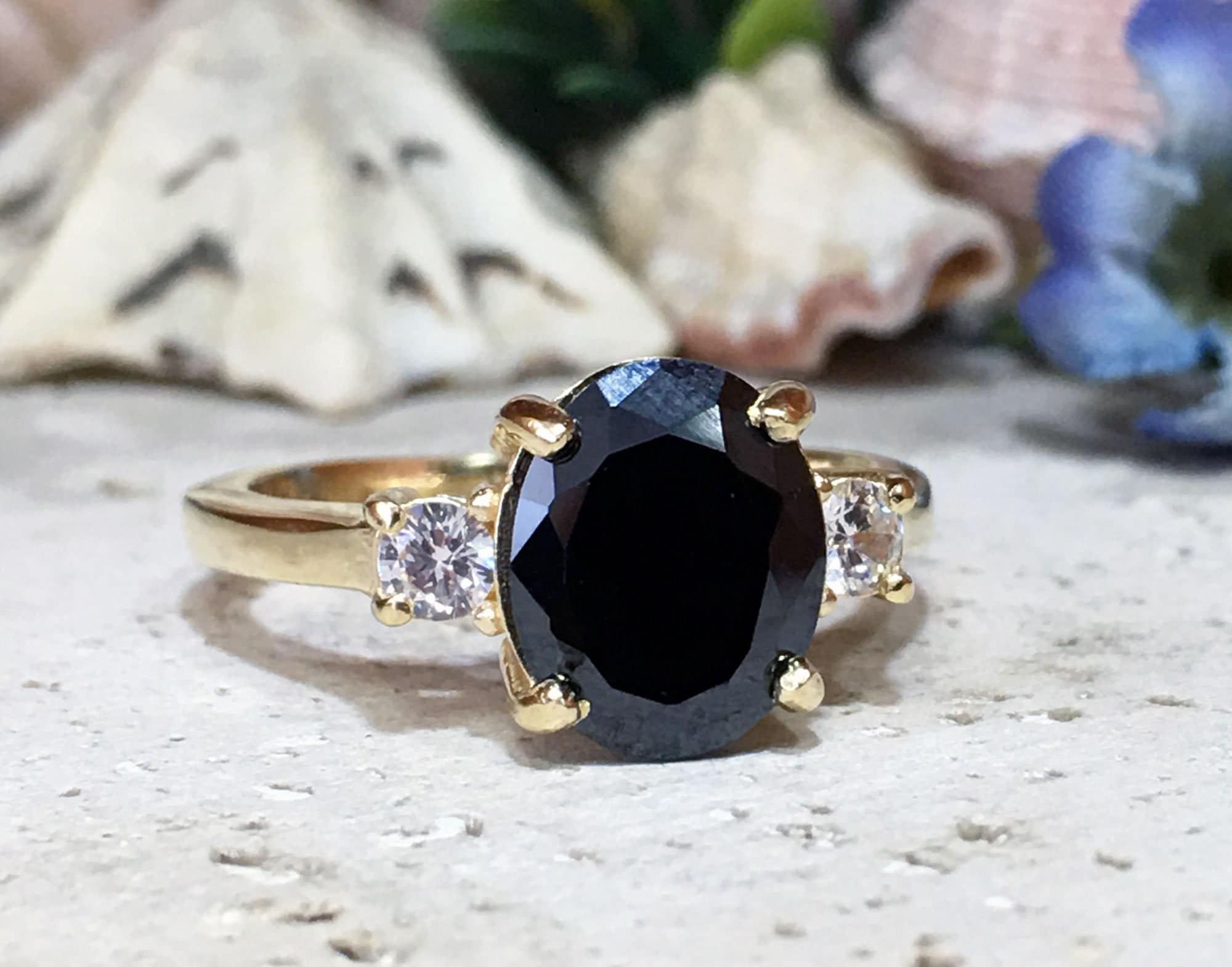 Black Onyx Ring - December Birthstone - Statement Engagement Ring with Oval Black Onyx Gemstone and Clear Quartz Accents - H.L.Jewelry