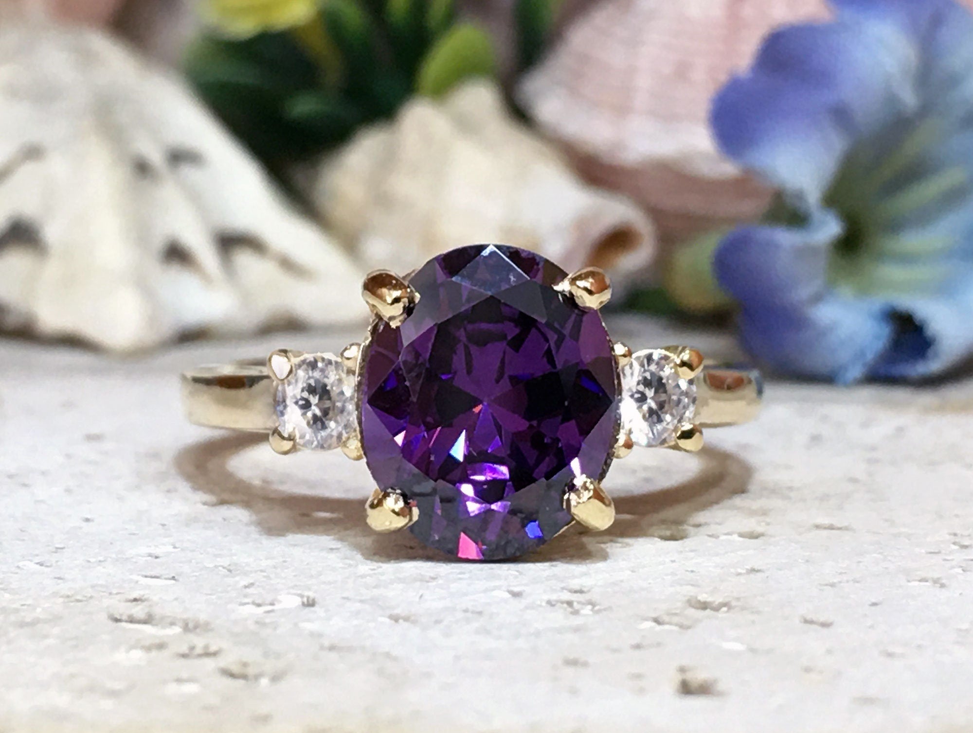 Purple Amethyst Ring - February Birthstone - Oval Purple Amethyst Gemstone Statement Engagement Ring with Clear Quartz Accents - H.L.Jewelry