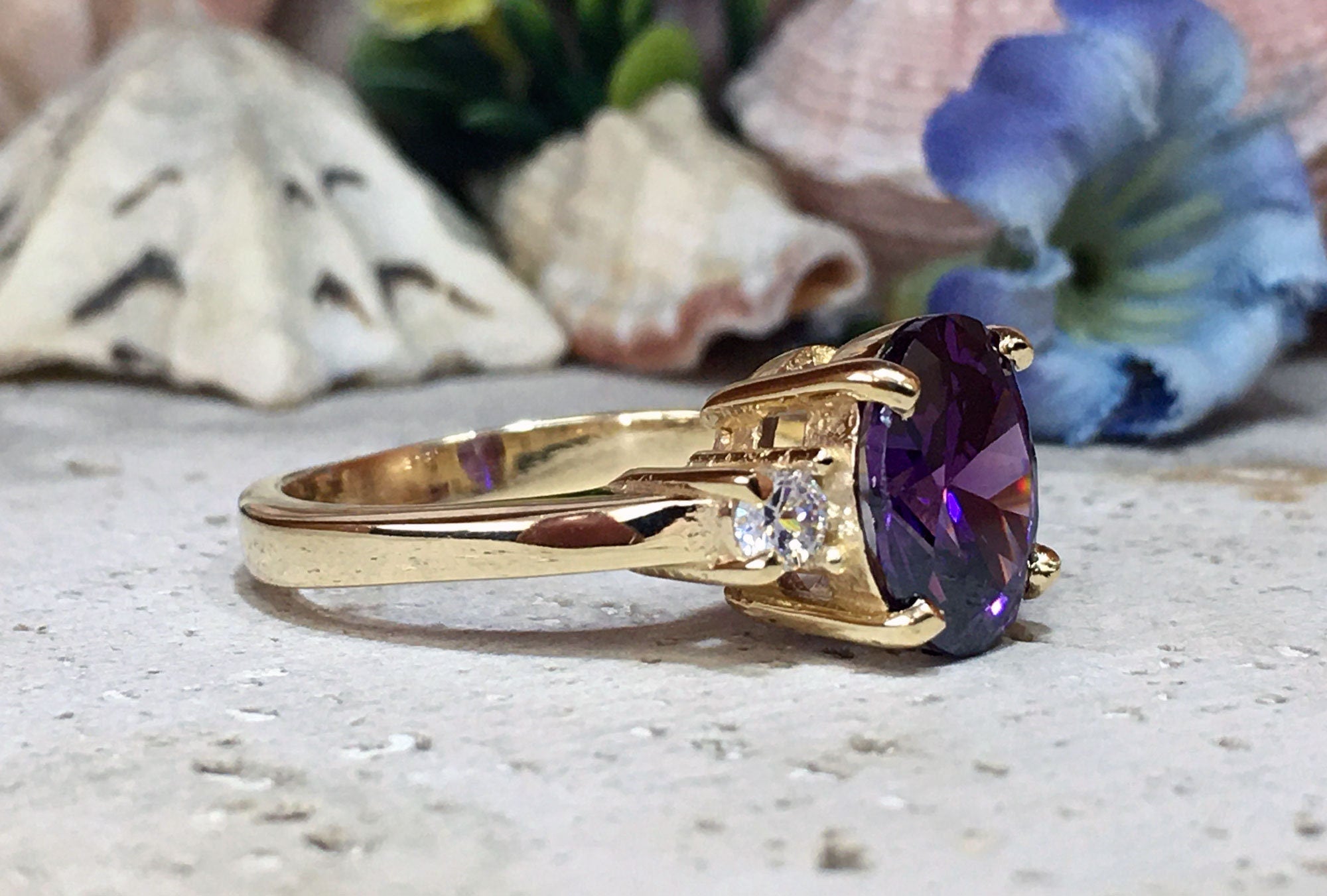 Purple Amethyst Ring - February Birthstone - Oval Purple Amethyst Gemstone Statement Engagement Ring with Clear Quartz Accents - H.L.Jewelry