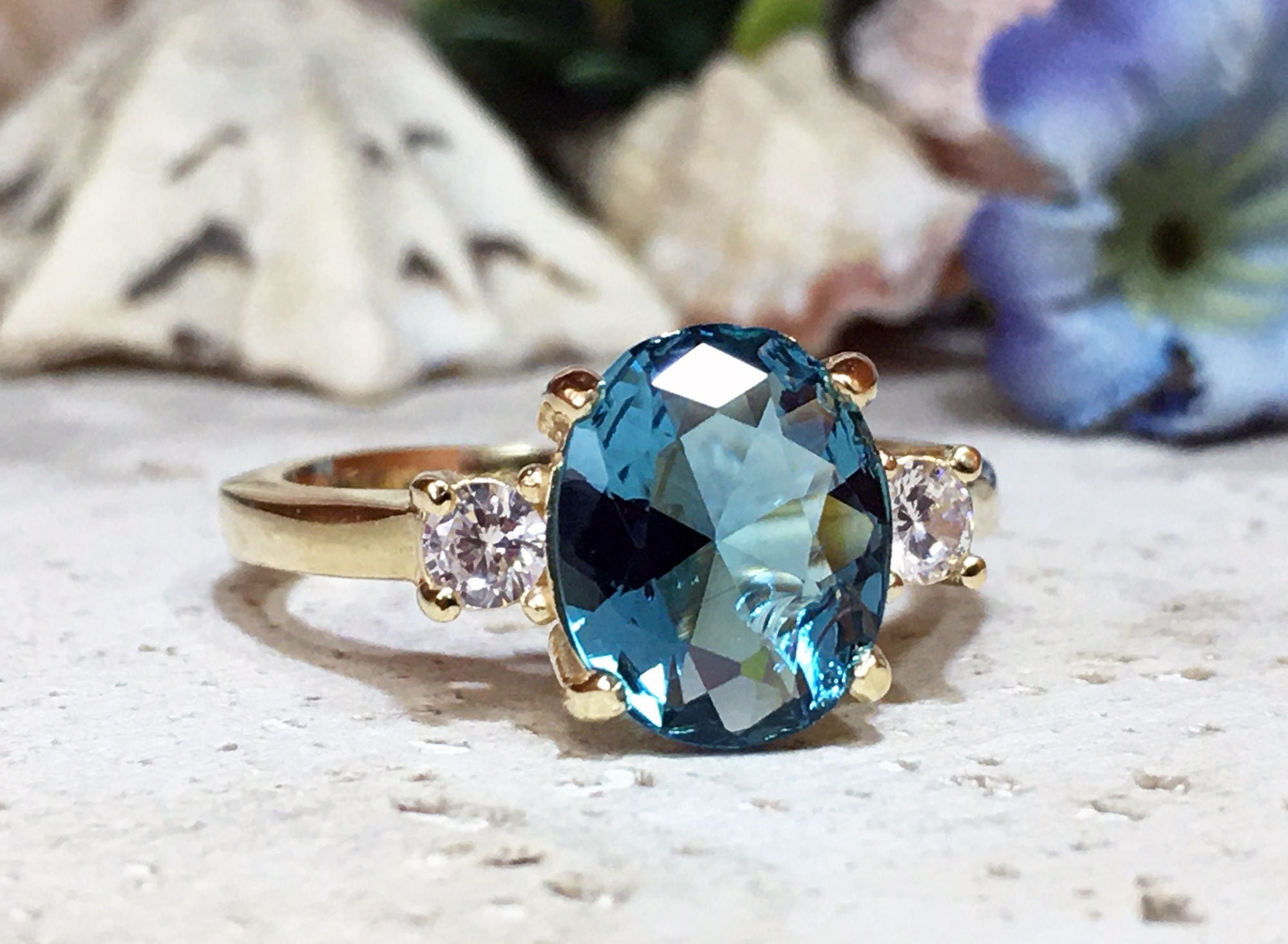 Blue Topaz Ring - December Birthstone - Oval Blue Topaz Statement Engagement Ring with Clear Quartz Accents - H.L.Jewelry