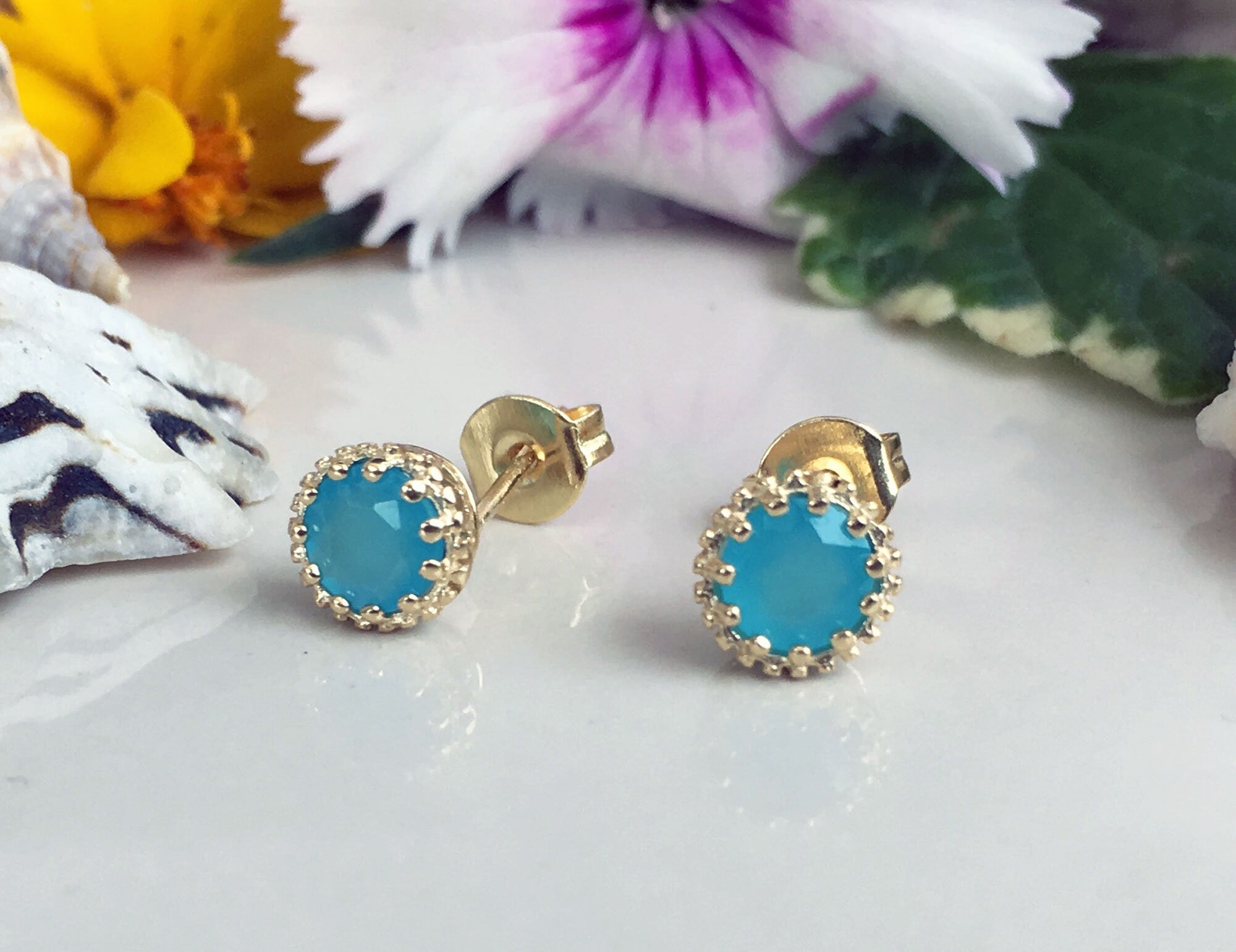 Blue Chalcedony Earrings - Small Round Stud Earrings with Blue Chalcedony Gemstones - H.L.Jewelry