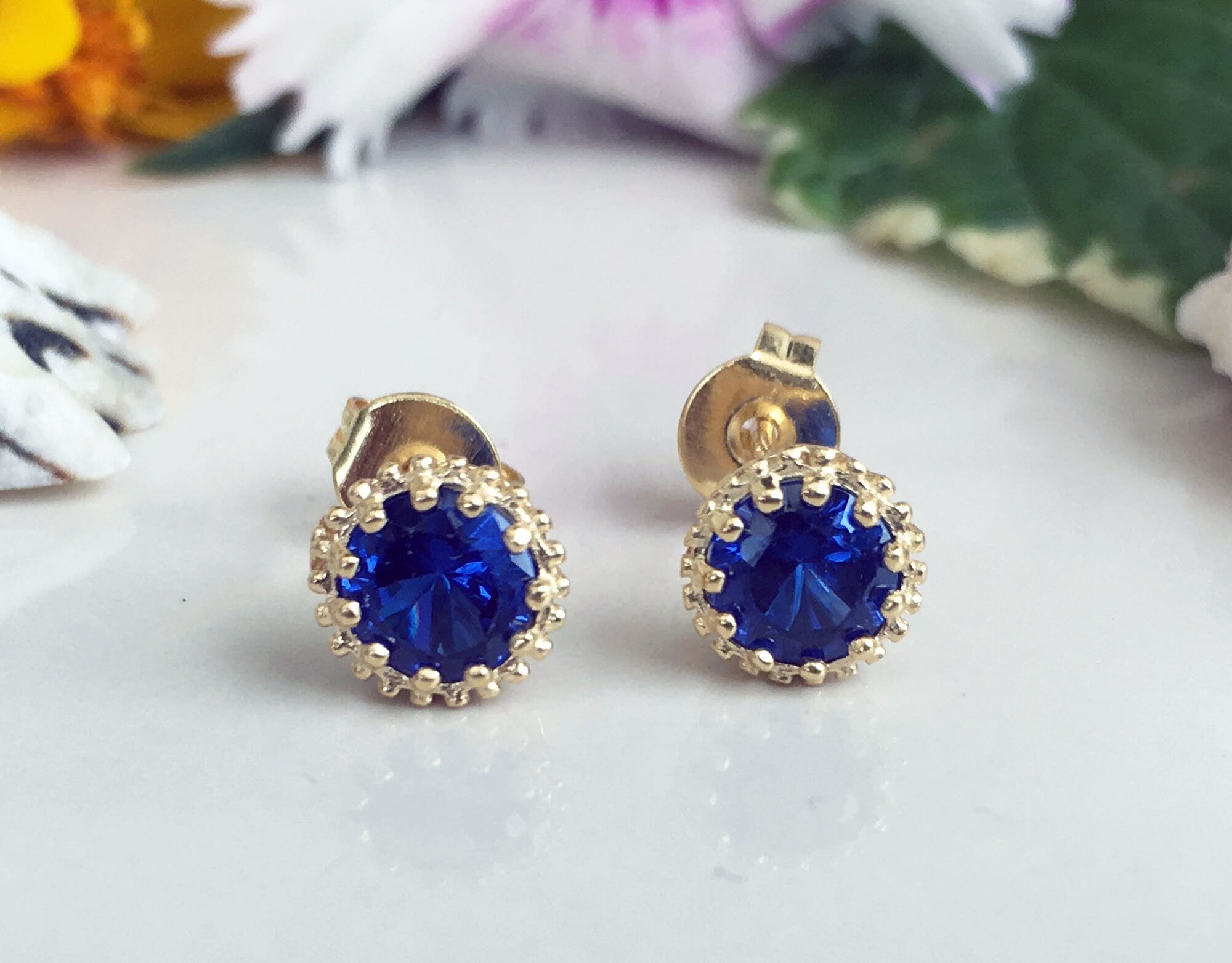 Blue Sapphire Earrings - September Birthstone Jewelry - Blue Sapphire Gemstone Small Round Stud Earrings - H.L.Jewelry