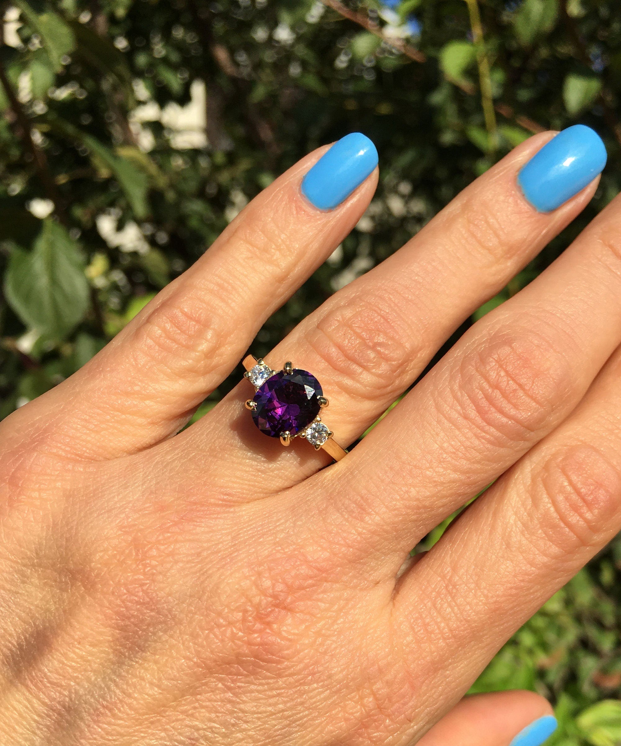 Purple Amethyst Ring - February Birthstone - Oval Purple Amethyst Gemstone Statement Engagement Ring with Clear Quartz Accents - H.L.Jewelry