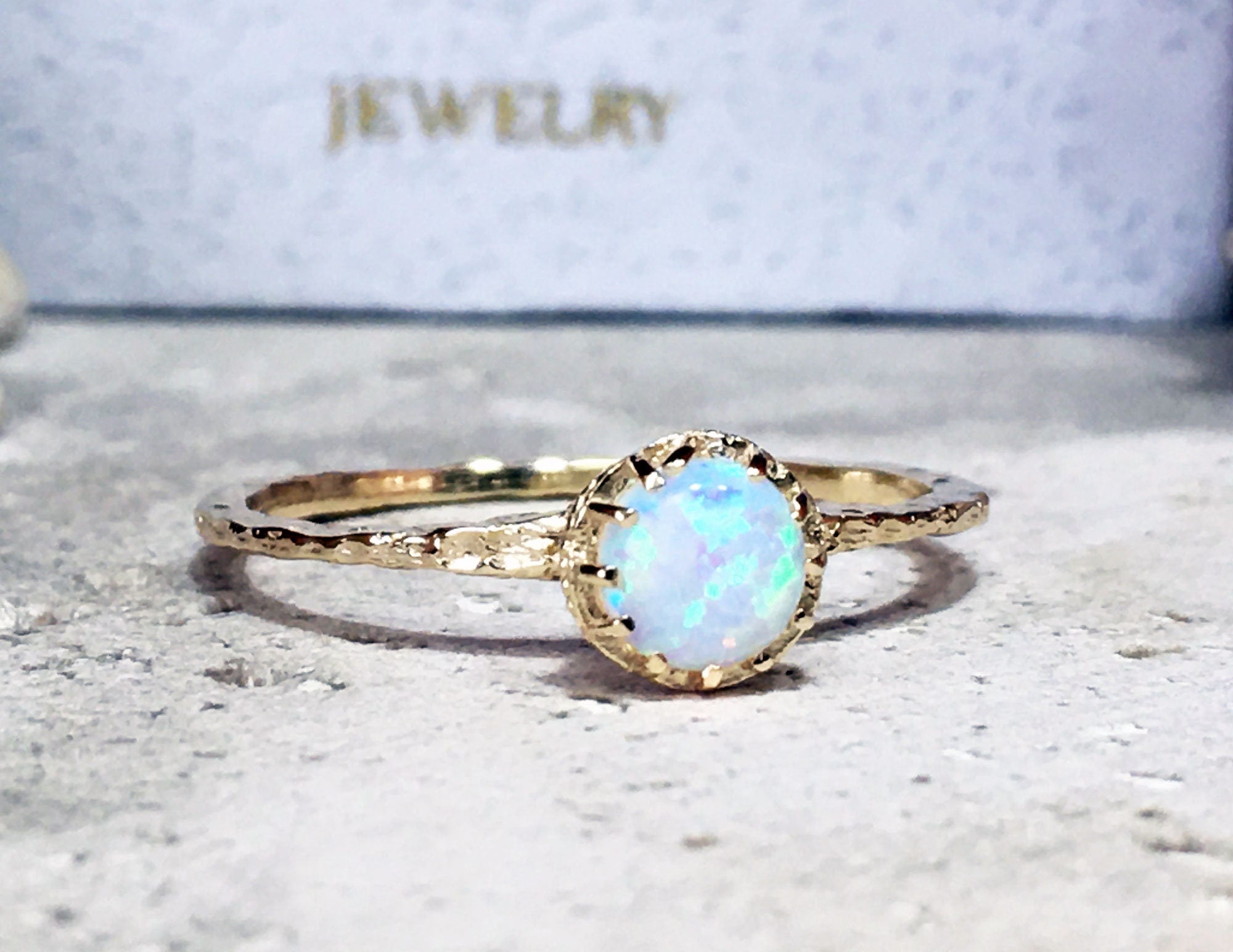 White Opal Ring - Round White Opal Gemstone Delicate Hammered Ring - H.L.Jewelry