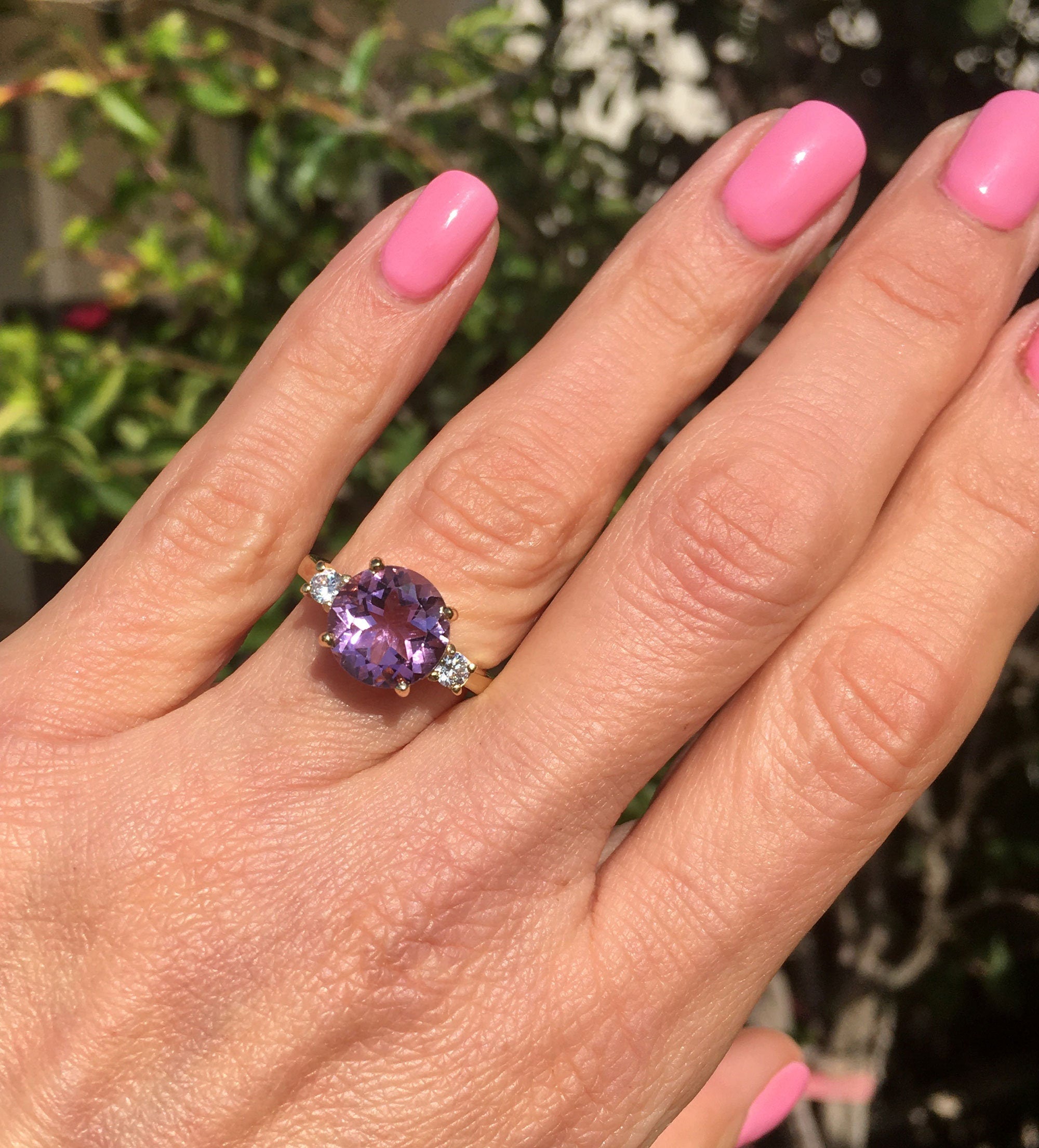 Purple Amethyst Ring - February Birthstone - Round Purple Amethyst Gemstone Statement Engagement Ring with Clear Quartz Accents - H.L.Jewelry