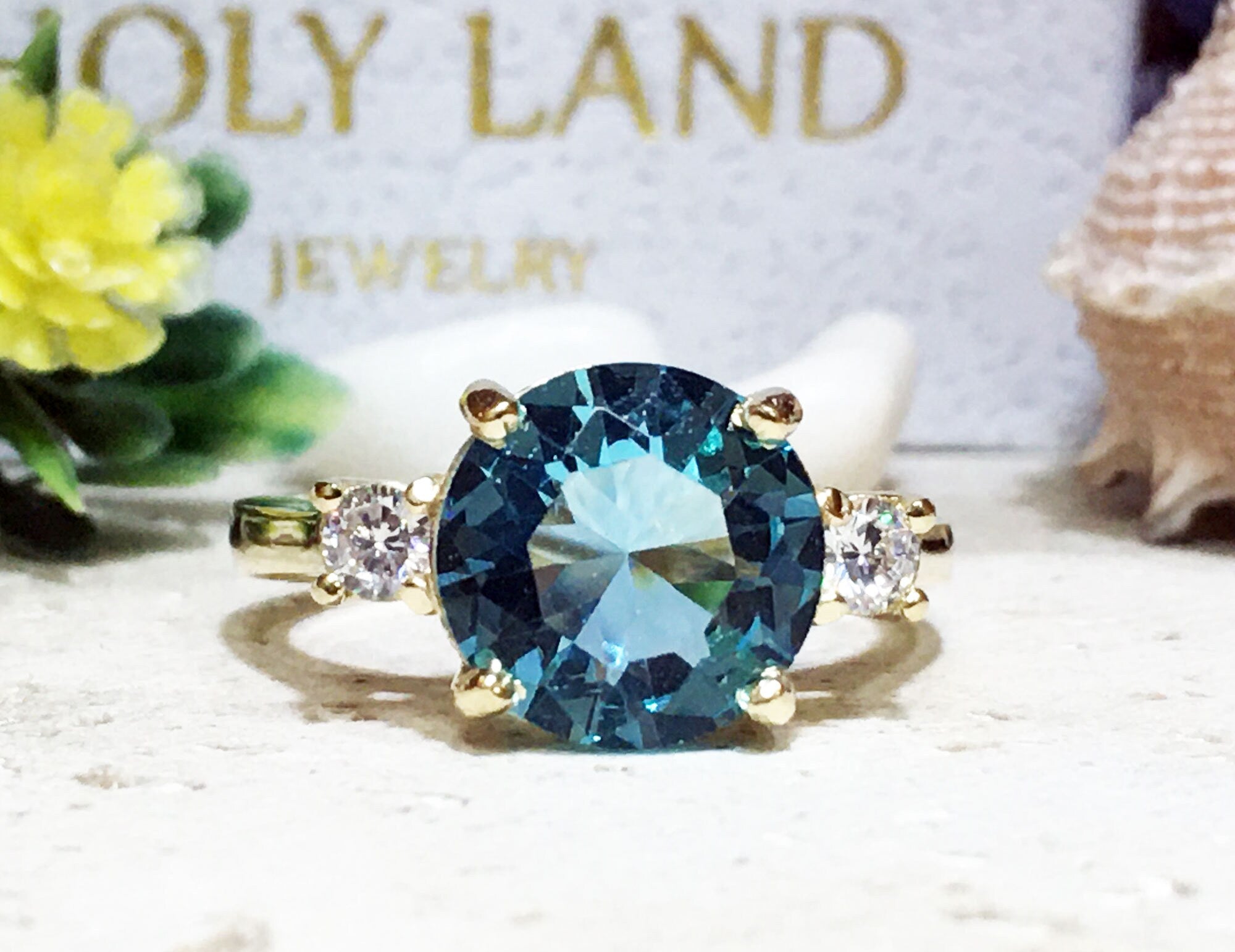 Aquamarine Ring - March Birthstone - Round Aquamarine Engagement Ring and Clear Quartz Accents - H.L.Jewelry