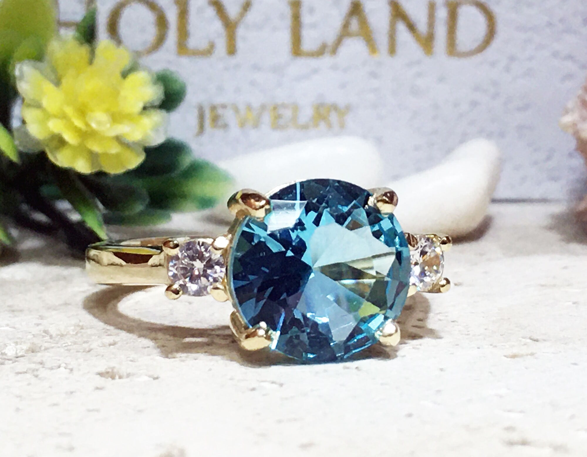 Aquamarine Ring - March Birthstone - Round Aquamarine Engagement Ring and Clear Quartz Accents - H.L.Jewelry