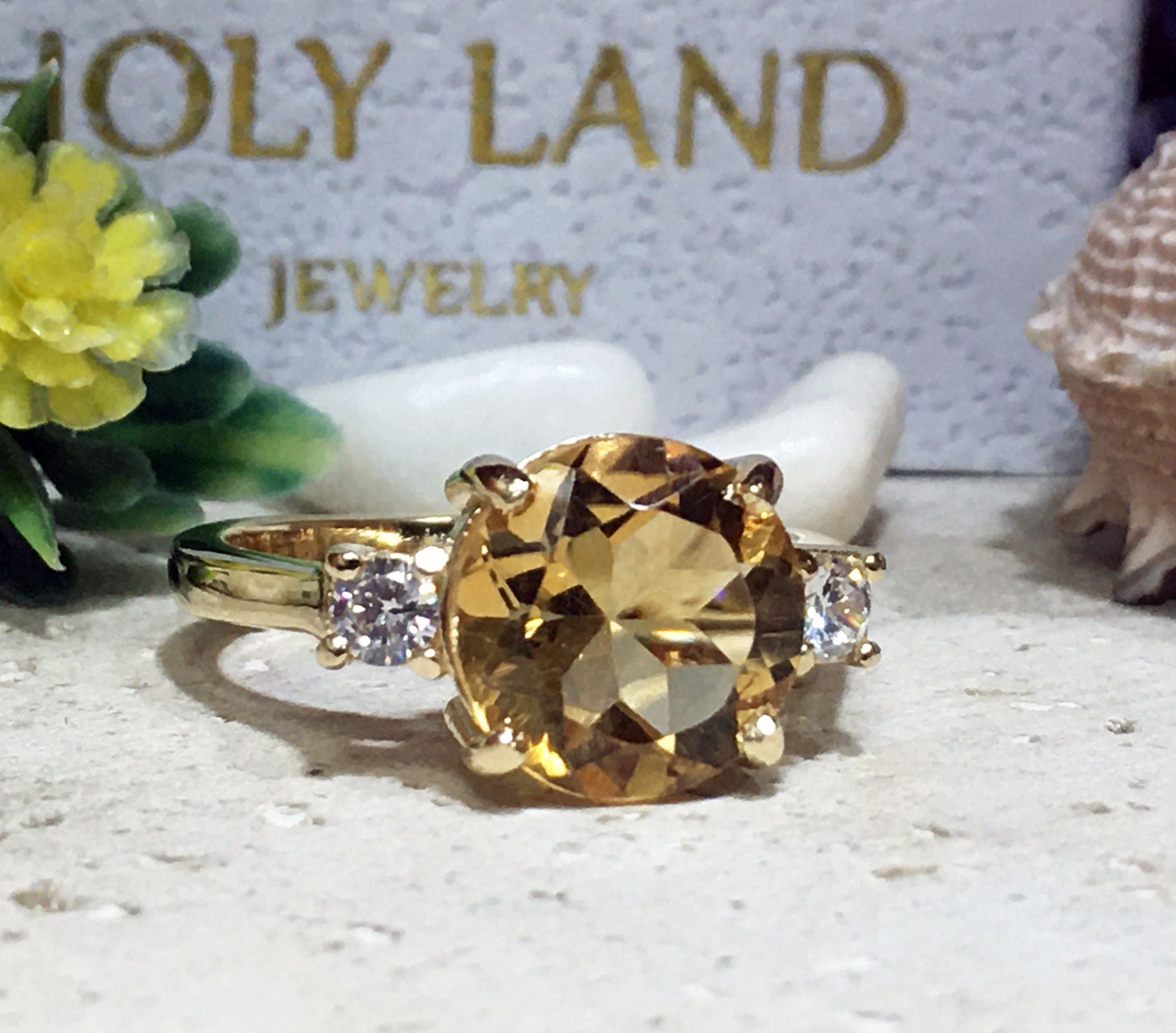 Citrine ring - November Birthstone - Round Citrine Gemstone Statement Engagement Ring with Clear Quartz Accents - H.L.Jewelry