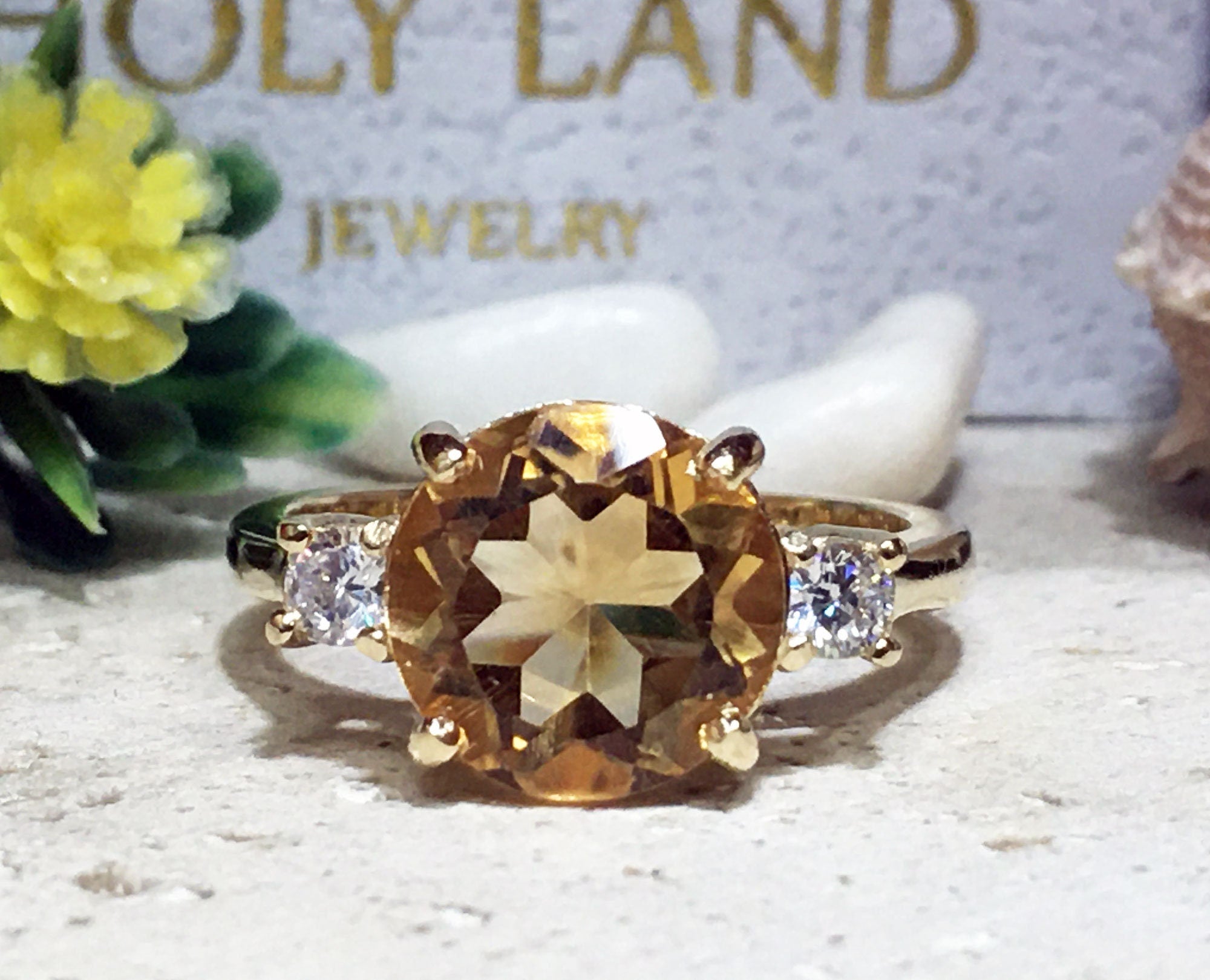 Citrine ring - November Birthstone - Round Citrine Gemstone Statement Engagement Ring with Clear Quartz Accents - H.L.Jewelry