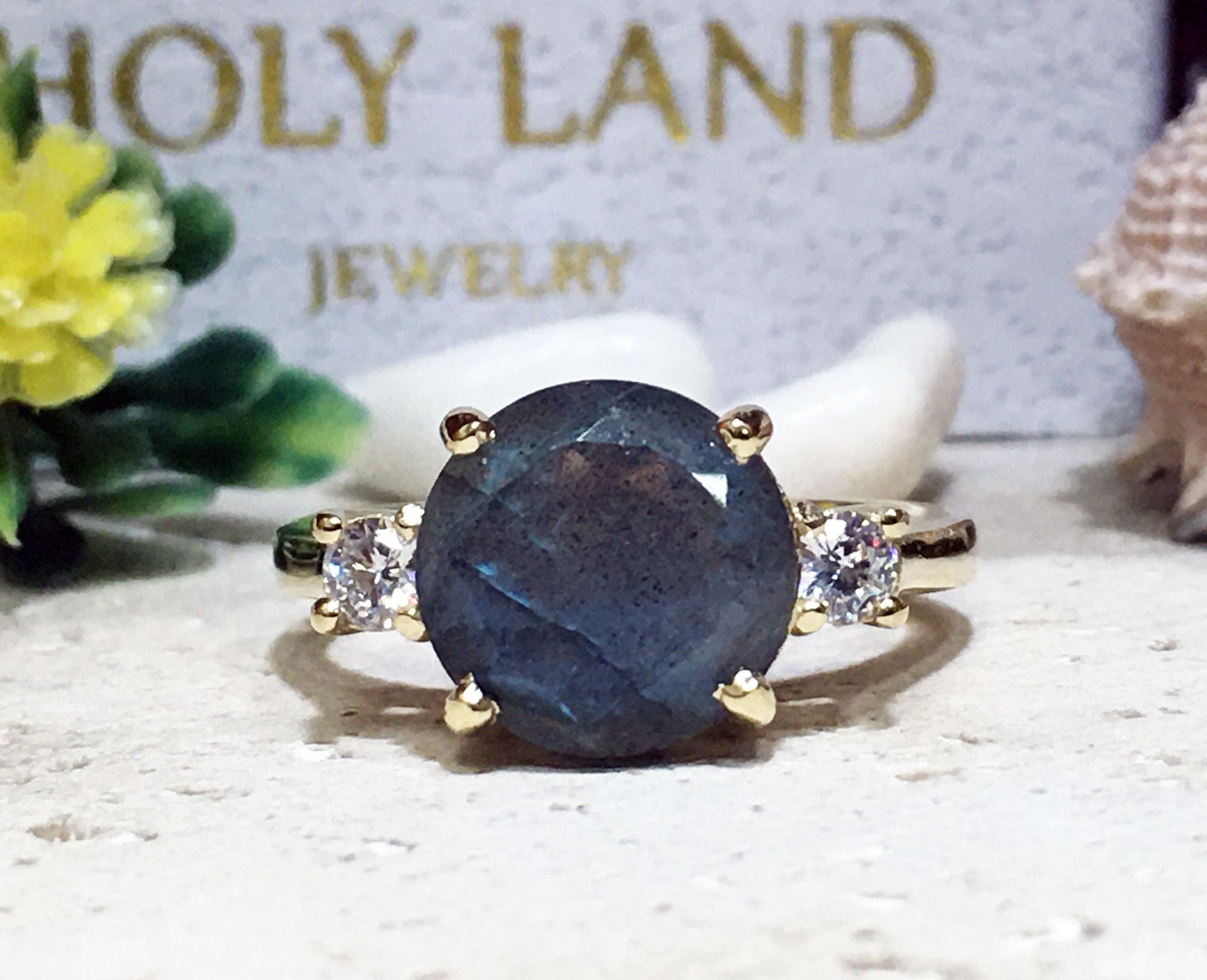 Labradorite Ring - Statement Engagement Ring with Round Labradorite Gemstone and Clear Quartz Accents - H.L.Jewelry