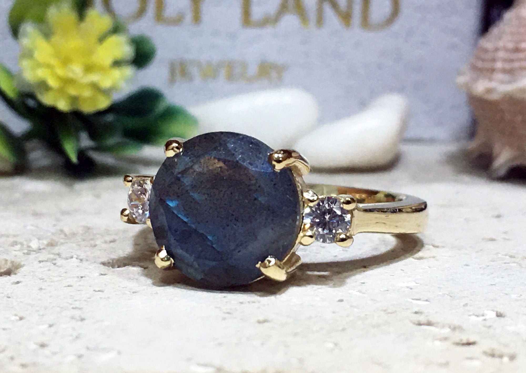 Labradorite Ring - Statement Engagement Ring with Round Labradorite Gemstone and Clear Quartz Accents - H.L.Jewelry