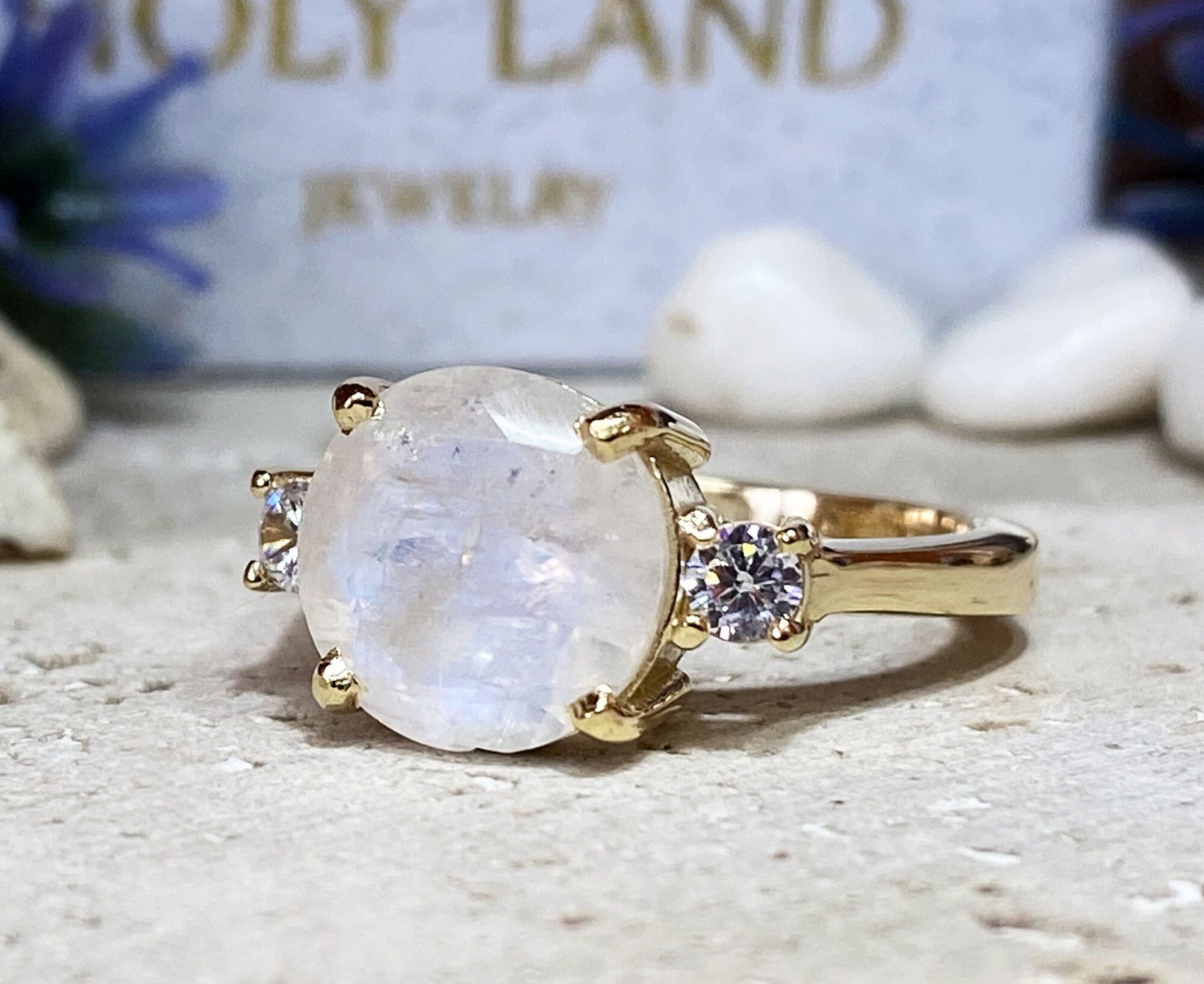 Rainbow Moonstone Ring - June Birthstone - Round Rainbow Moonstone Statement Engagement Ring with Clear Quartz Accents - H.L.Jewelry