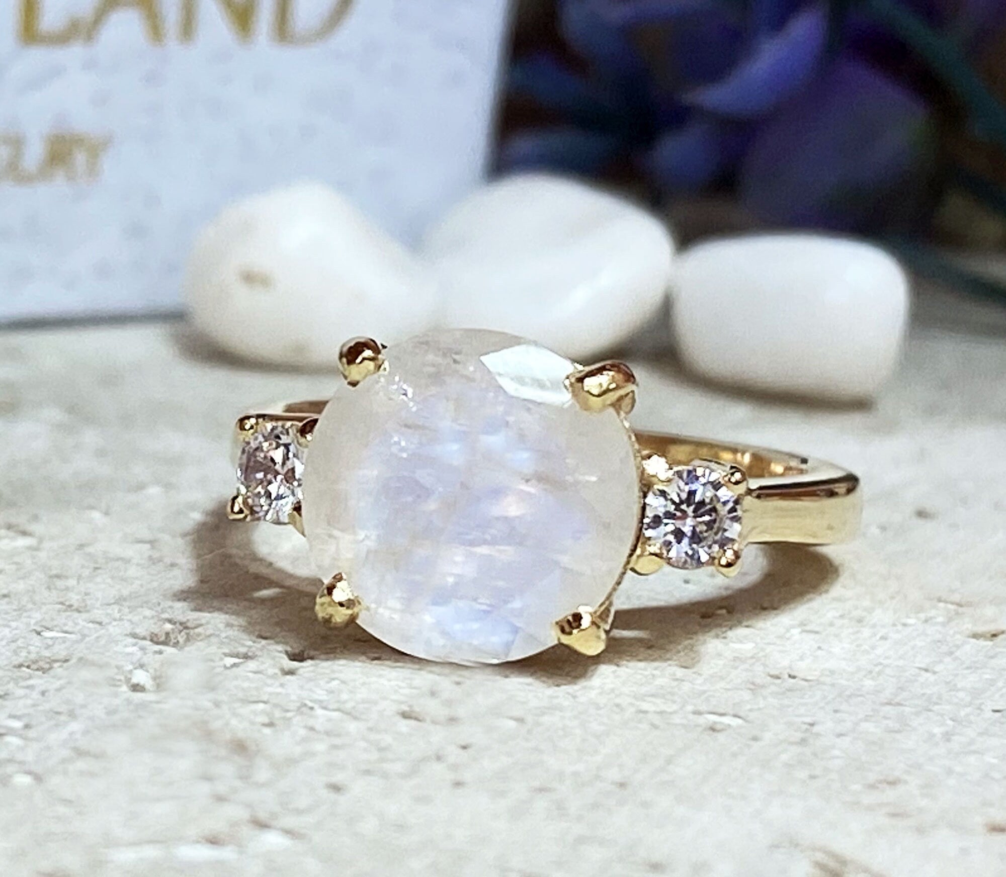 Rainbow Moonstone Ring - June Birthstone - Round Rainbow Moonstone Statement Engagement Ring with Clear Quartz Accents - H.L.Jewelry