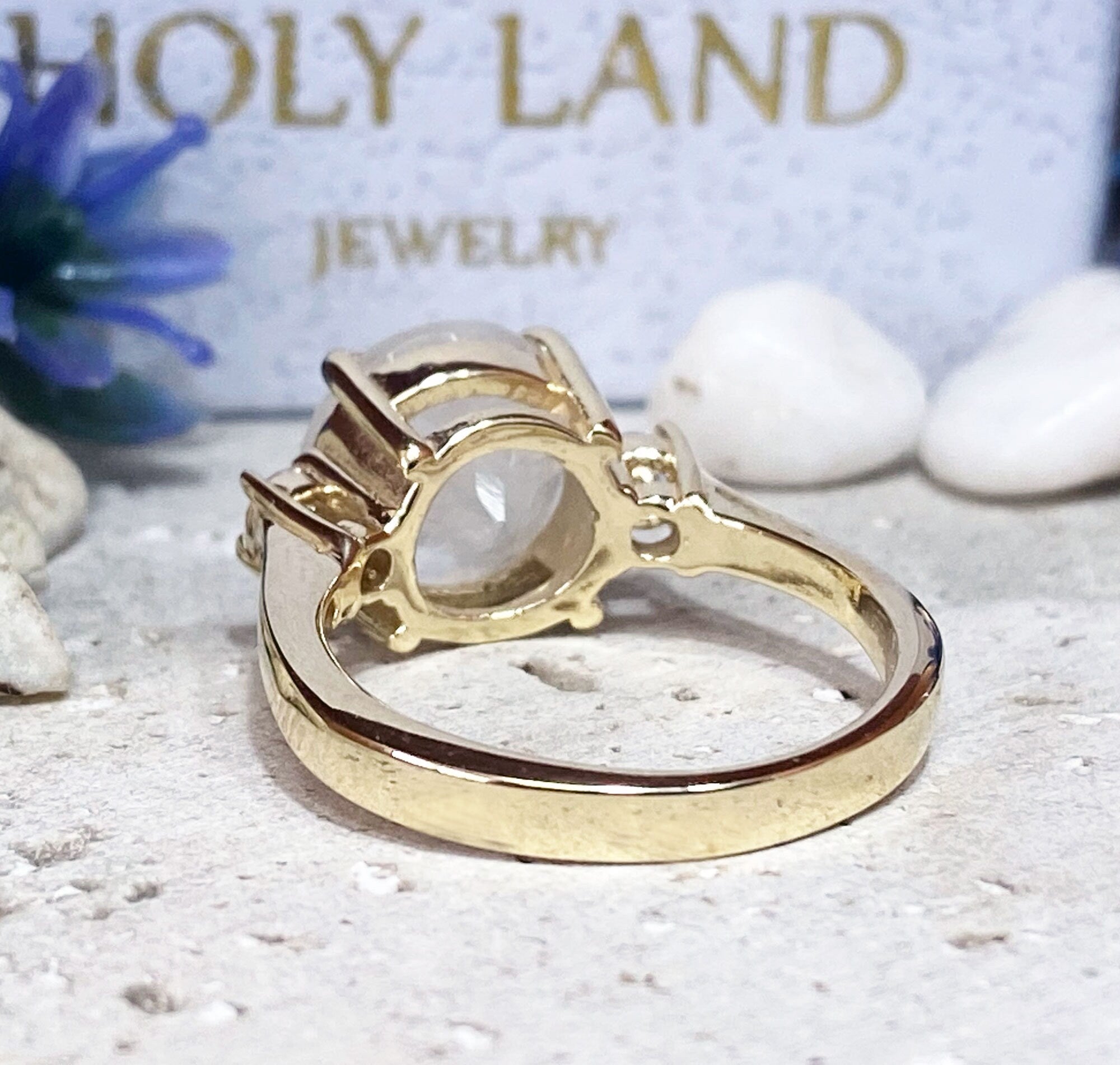 Rainbow Moonstone Ring - June Birthstone - Round Rainbow Moonstone Statement Engagement Ring with Clear Quartz Accents - H.L.Jewelry