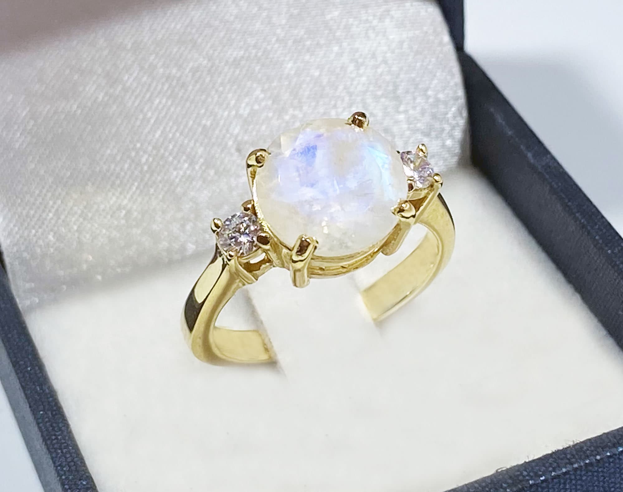 Rainbow Moonstone Ring - June Birthstone - Round Rainbow Moonstone Statement Engagement Ring with Clear Quartz Accents - H.L.Jewelry