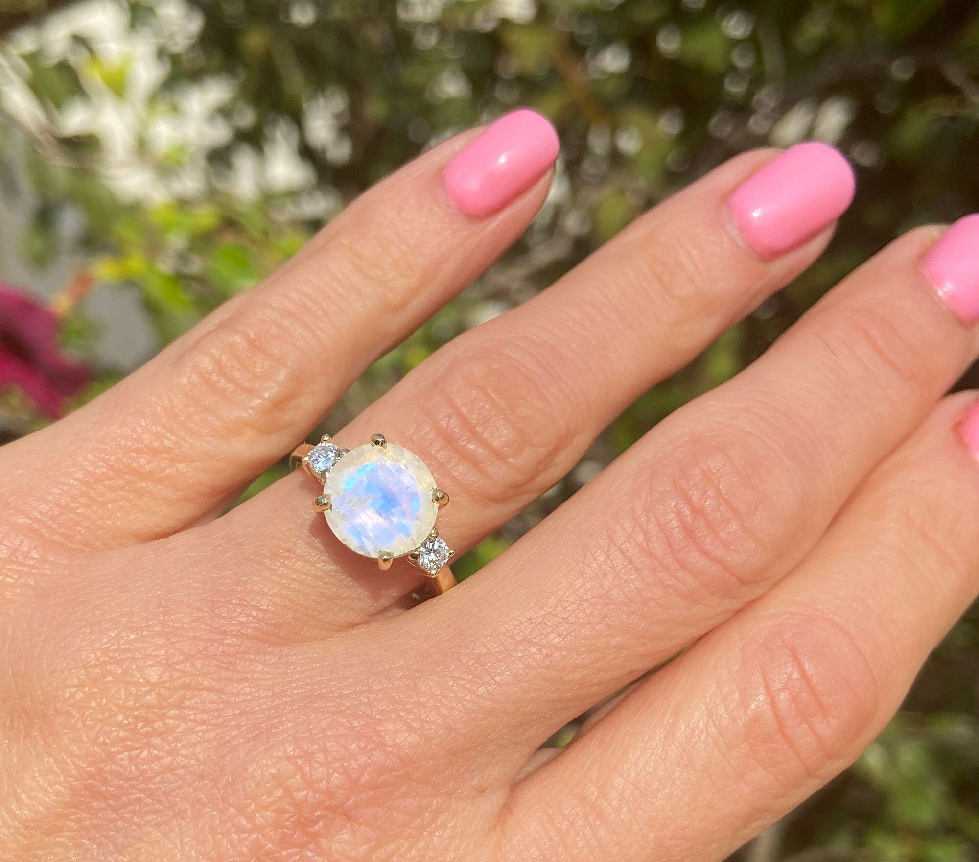 Rainbow Moonstone Ring - June Birthstone - Round Rainbow Moonstone Statement Engagement Ring with Clear Quartz Accents - H.L.Jewelry