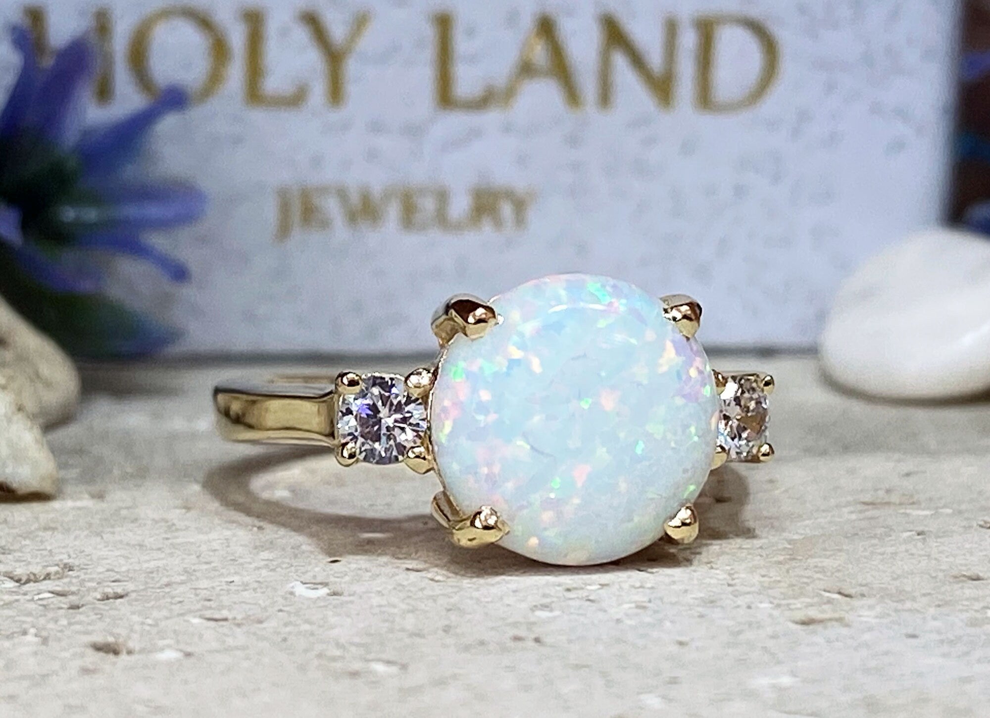 White Opal Ring - Round White Opal Gemstone Statement Engagement Ring with Clear Quartz Accents - H.L.Jewelry