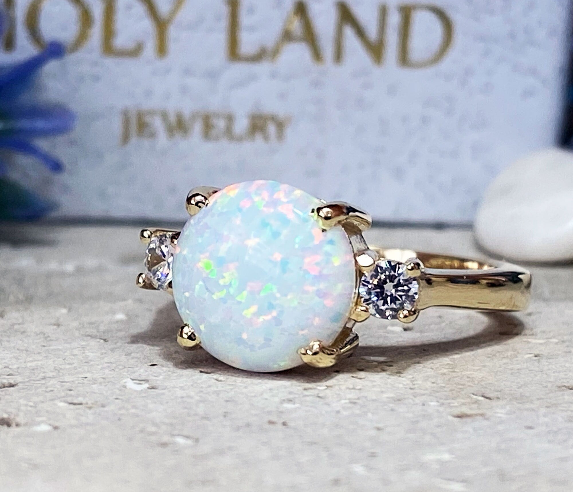 White Opal Ring - Round White Opal Gemstone Statement Engagement Ring with Clear Quartz Accents - H.L.Jewelry