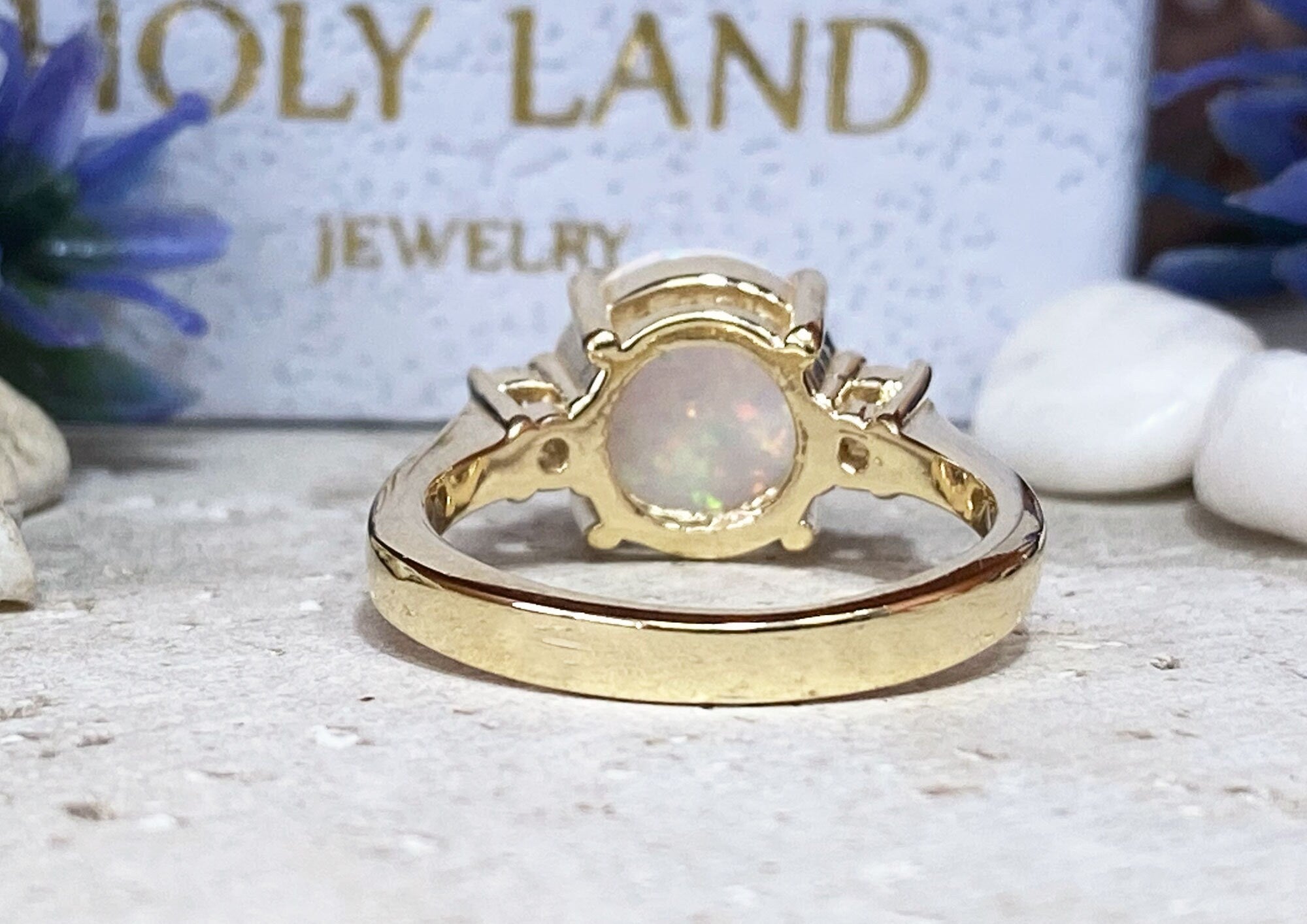 White Opal Ring - Round White Opal Gemstone Statement Engagement Ring with Clear Quartz Accents - H.L.Jewelry