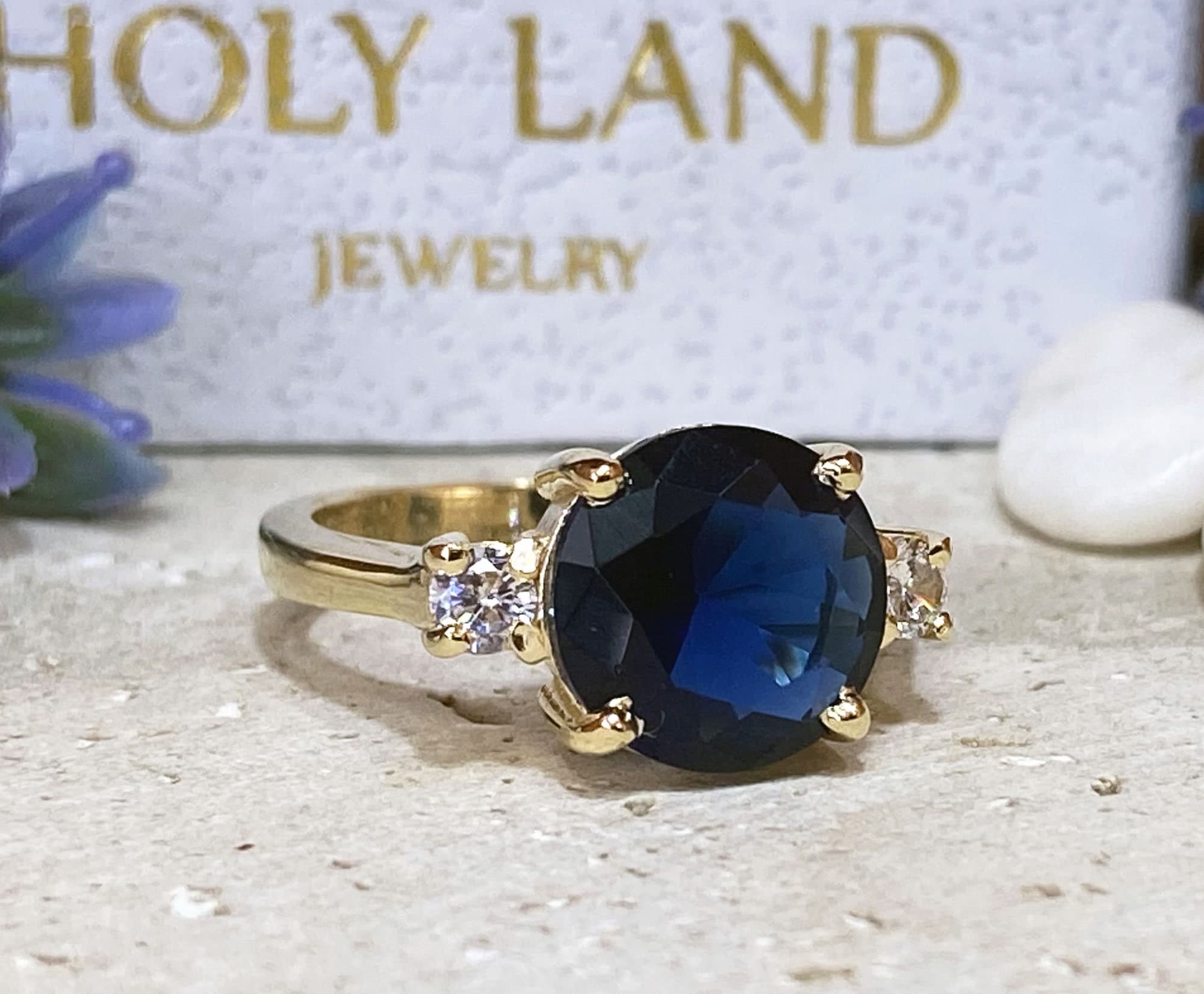 Blue Sapphire Ring - September Birthstone - Statement Engagement Ring with Round Blue Sapphire Gemstone and Clear Quartz Accents - H.L.Jewelry