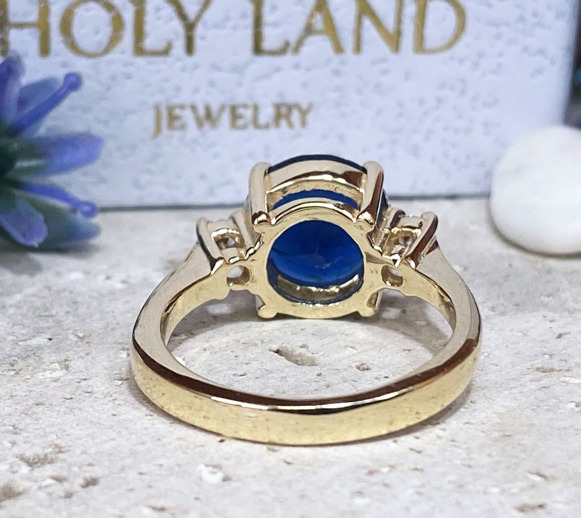 Blue Sapphire Ring - September Birthstone - Statement Engagement Ring with Round Blue Sapphire Gemstone and Clear Quartz Accents - H.L.Jewelry