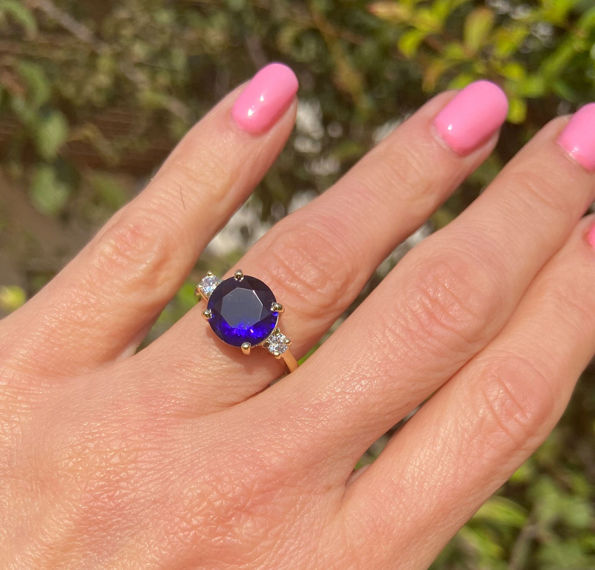 Blue Sapphire Ring - September Birthstone - Statement Engagement Ring with Round Blue Sapphire Gemstone and Clear Quartz Accents - H.L.Jewelry