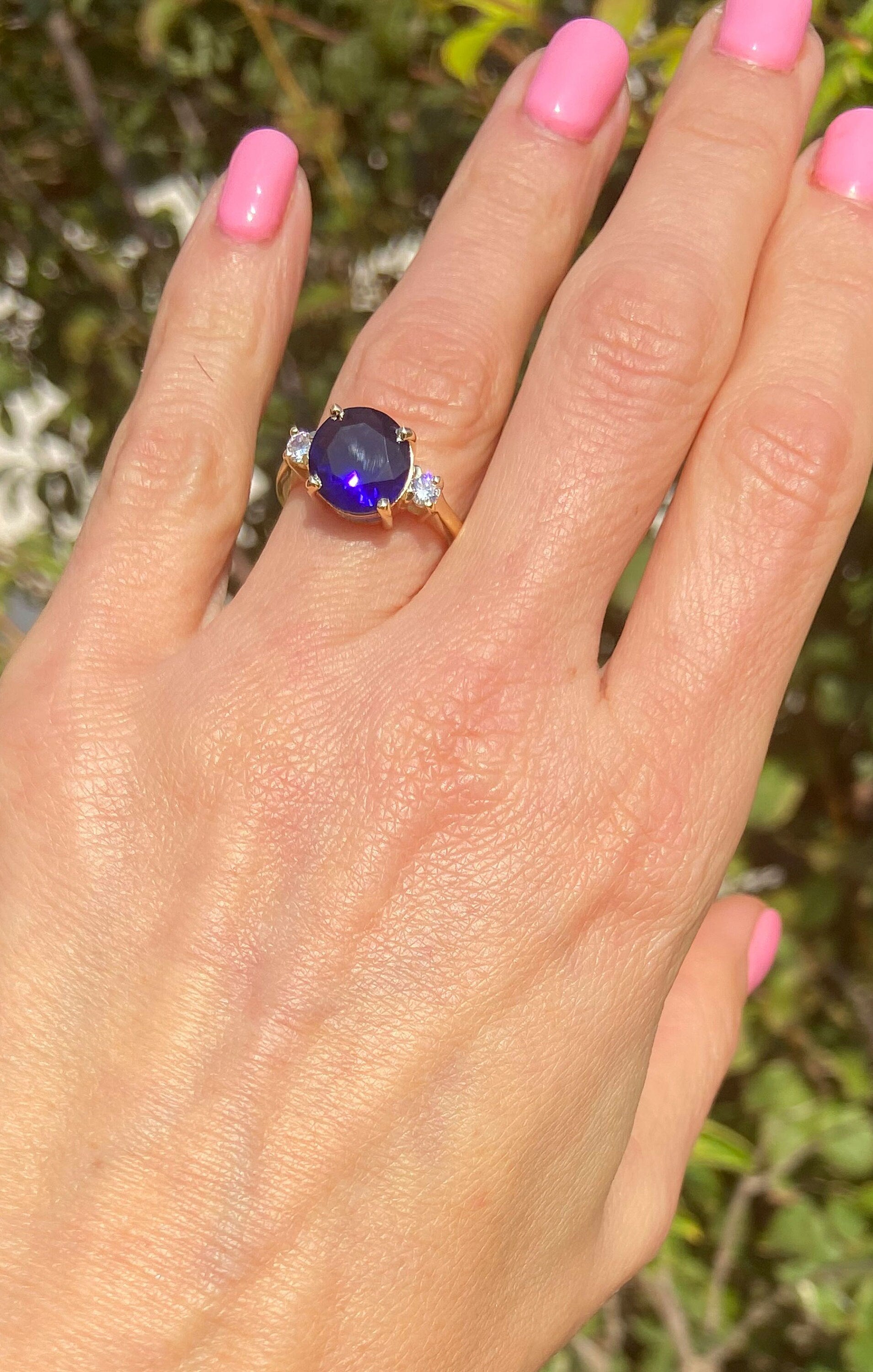 Blue Sapphire Ring - September Birthstone - Statement Engagement Ring with Round Blue Sapphire Gemstone and Clear Quartz Accents - H.L.Jewelry