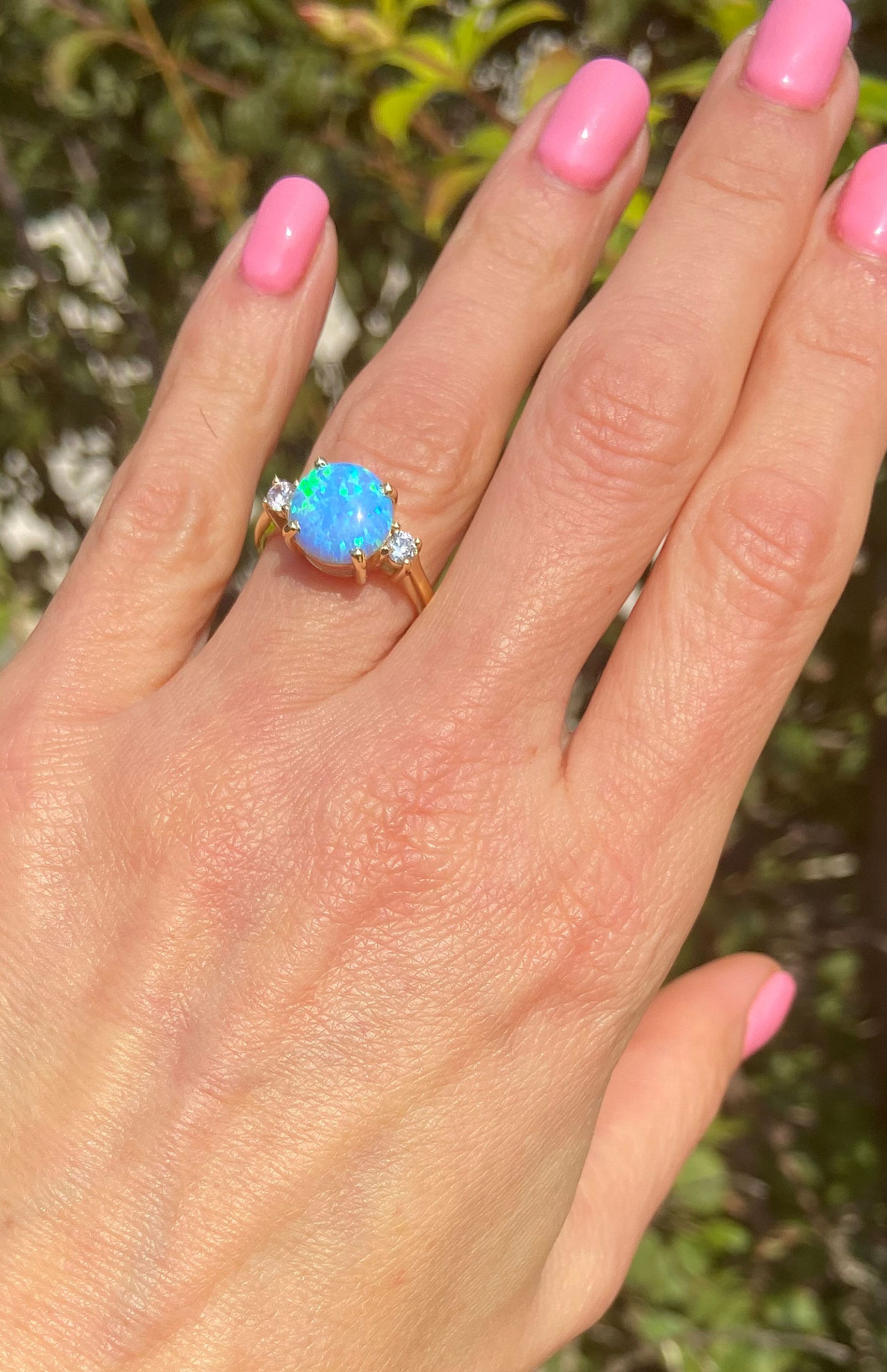 Blue Opal Ring - October Birthstone - Statement Engagement Ring with Round Blue Opal Gemstone and Clear Quartz Accents - H.L.Jewelry