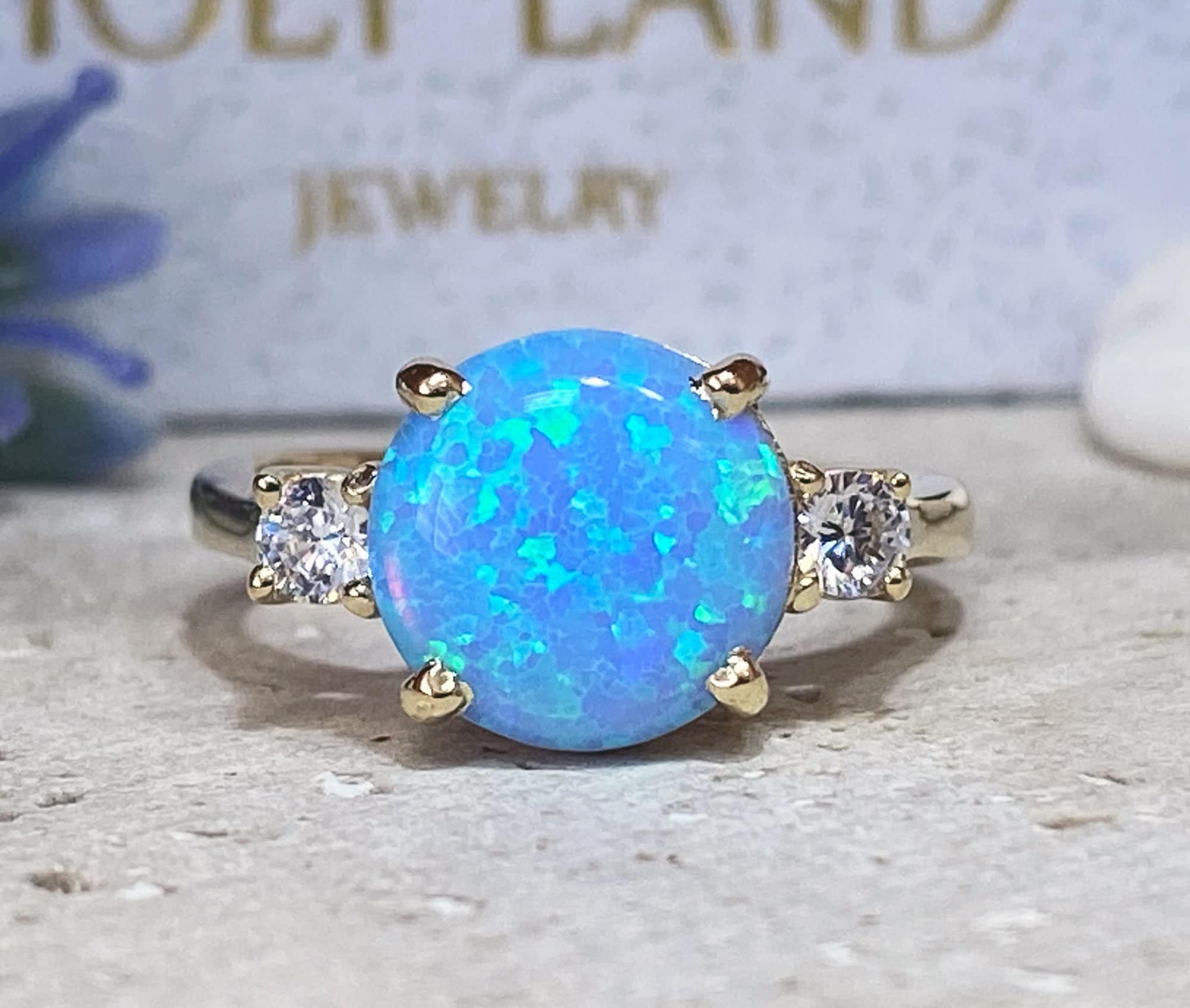 Blue Opal Ring - October Birthstone - Statement Engagement Ring with Round Blue Opal Gemstone and Clear Quartz Accents - H.L.Jewelry