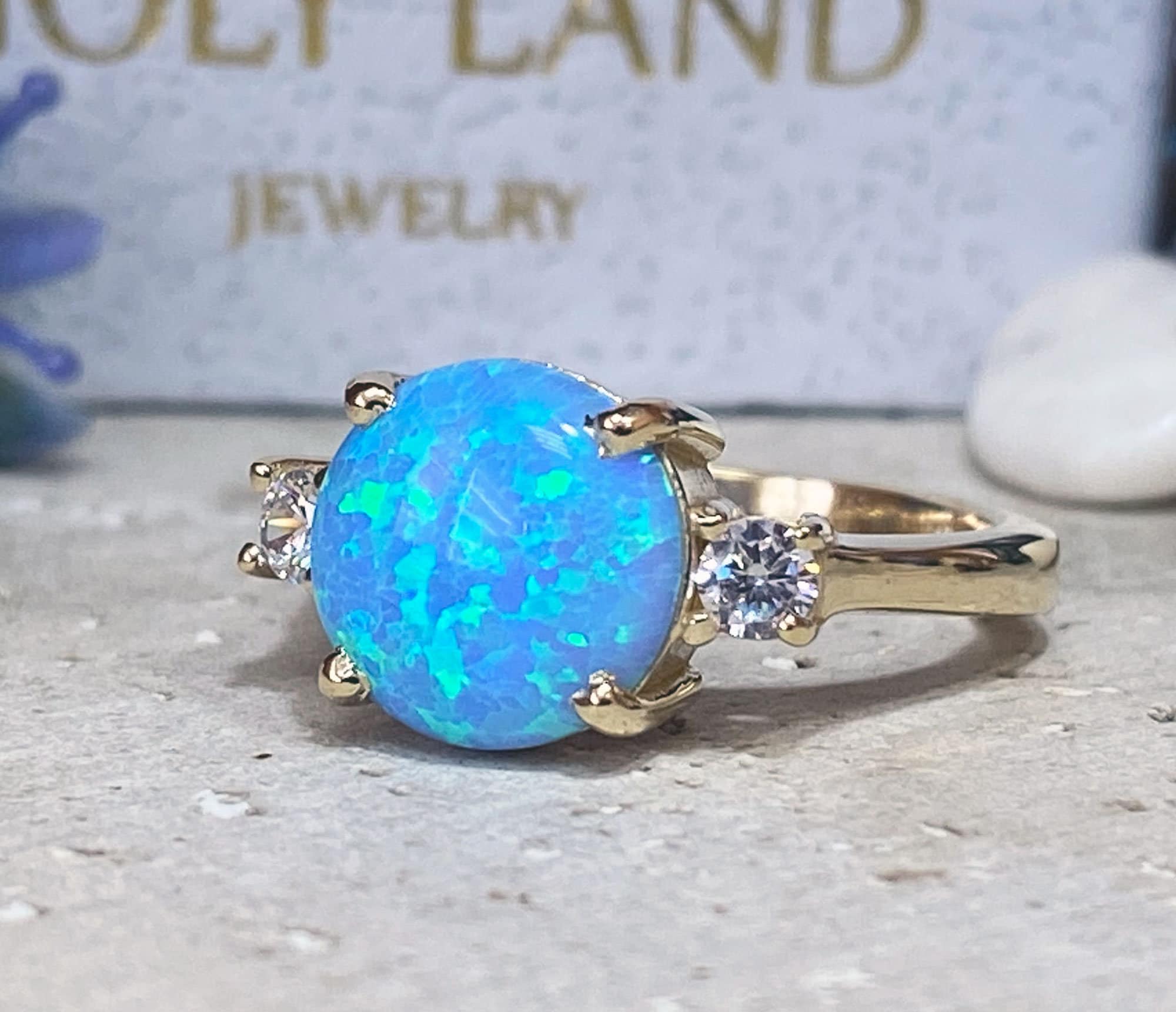 Blue Opal Ring - October Birthstone - Statement Engagement Ring with Round Blue Opal Gemstone and Clear Quartz Accents - H.L.Jewelry