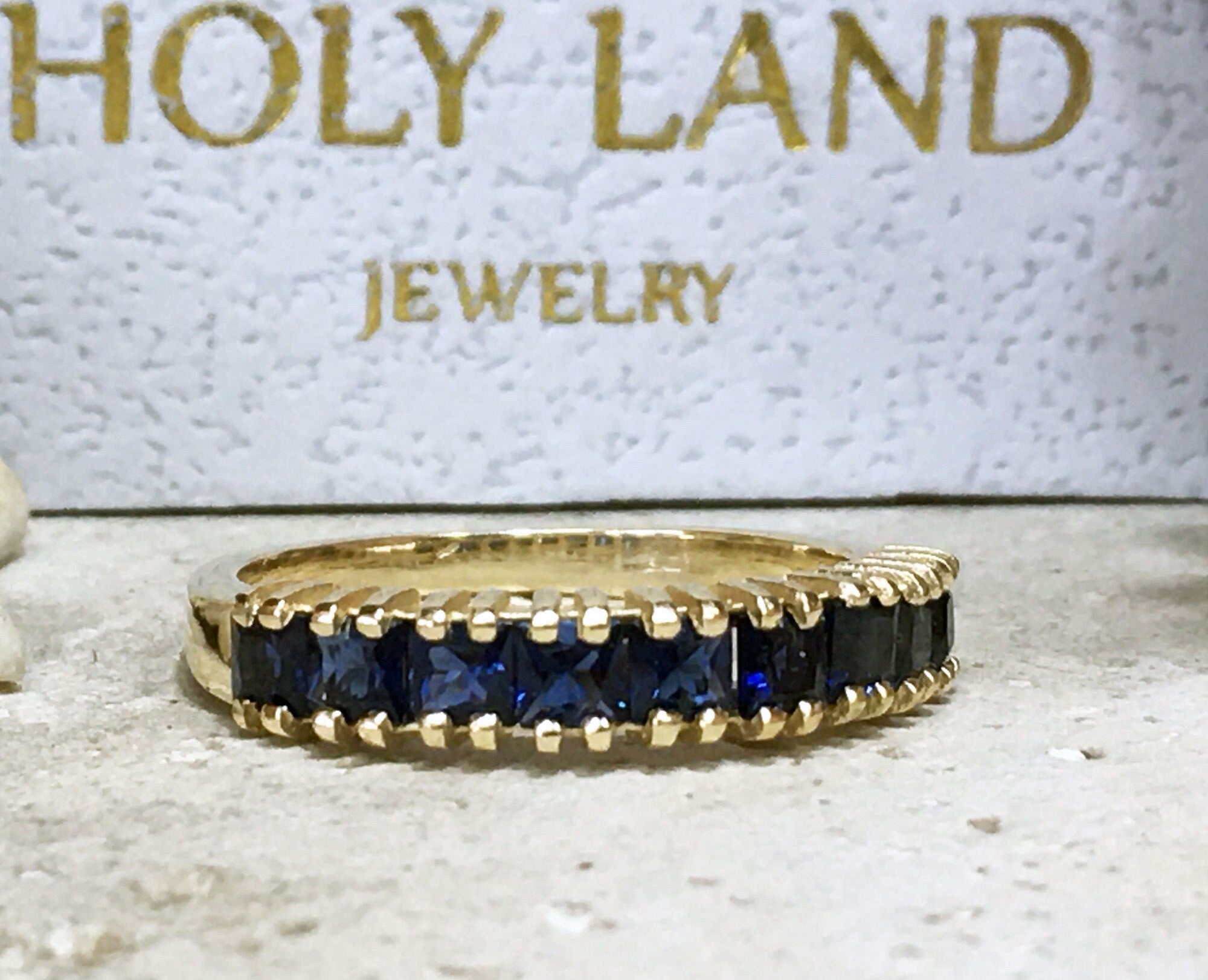 Blue Sapphire Ring - September Ring - Stacking Half Eternity Ring with Nine Square Blue Sapphire Gemstones - H.L.Jewelry