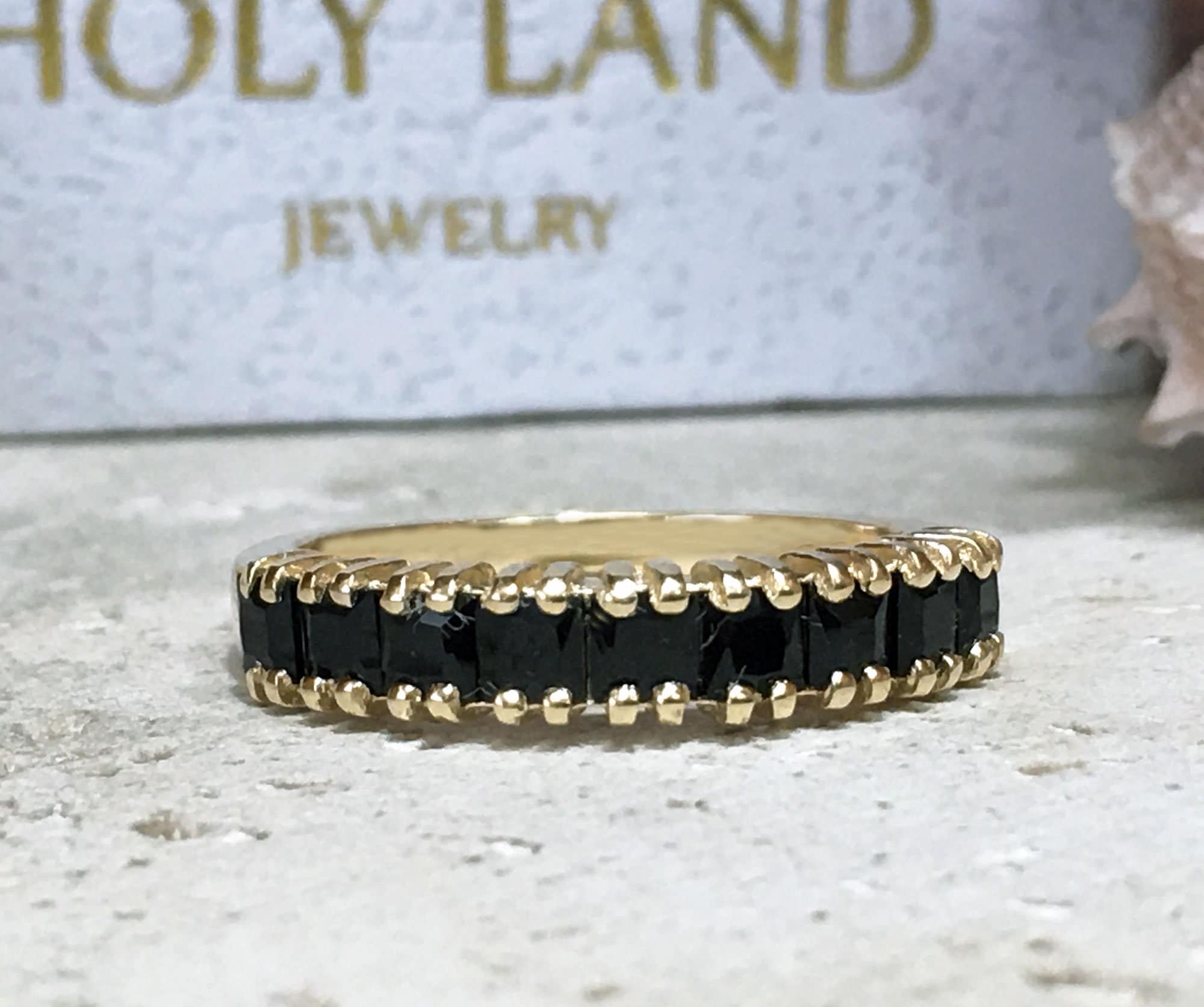 Black Onyx Ring - December Birthstone - Stacking Ring with Nine Square Black Onyx Gemstones - H.L.Jewelry