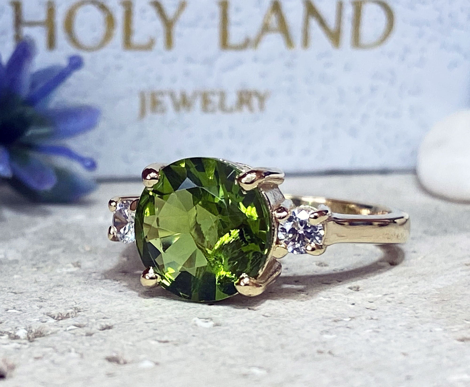 Peridot Ring - August Birthstone - Statement Engagement Ring with Round Peridot Gemstone and Clear Quartz Accents - H.L.Jewelry