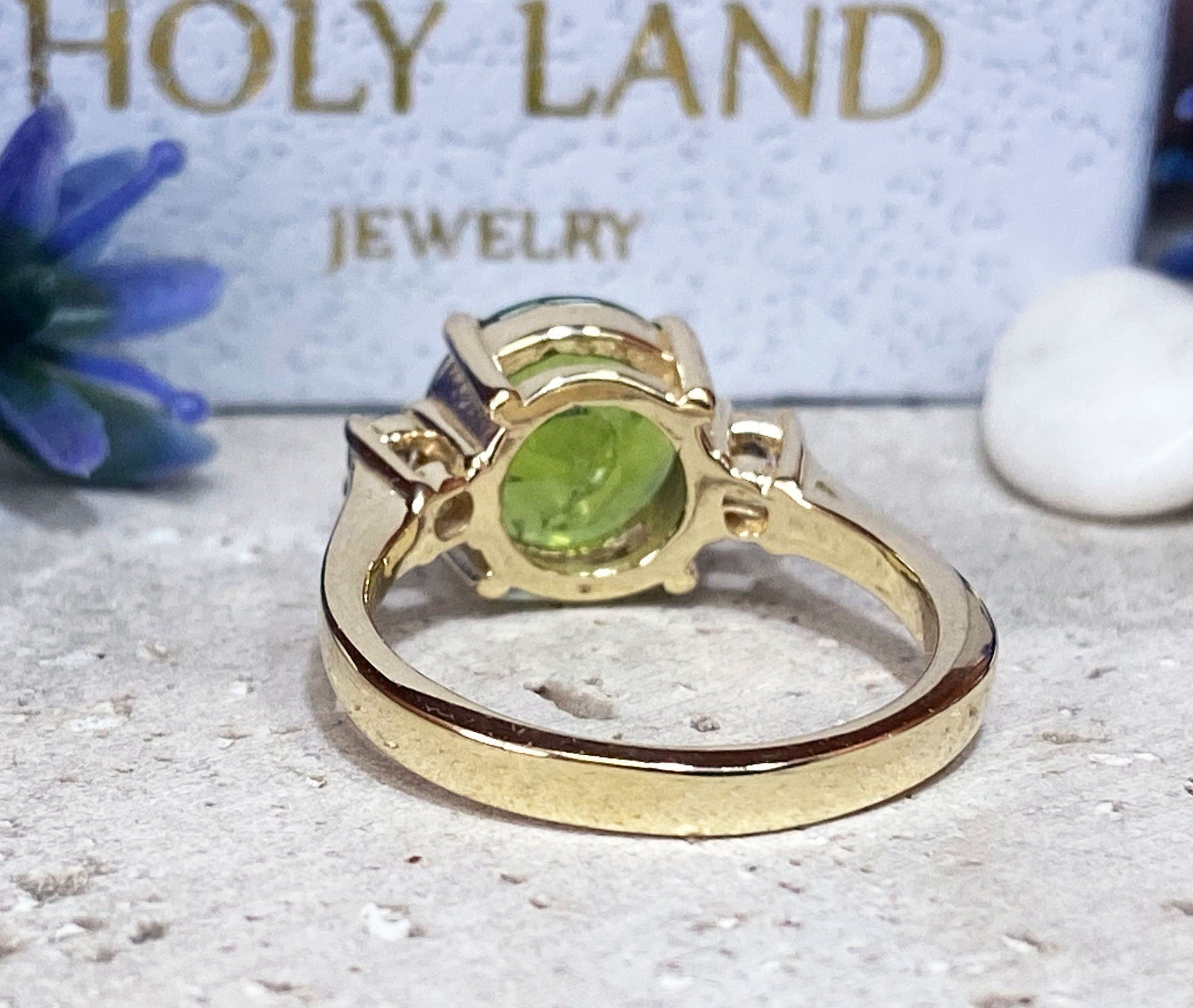 Peridot Ring - August Birthstone - Statement Engagement Ring with Round Peridot Gemstone and Clear Quartz Accents - H.L.Jewelry