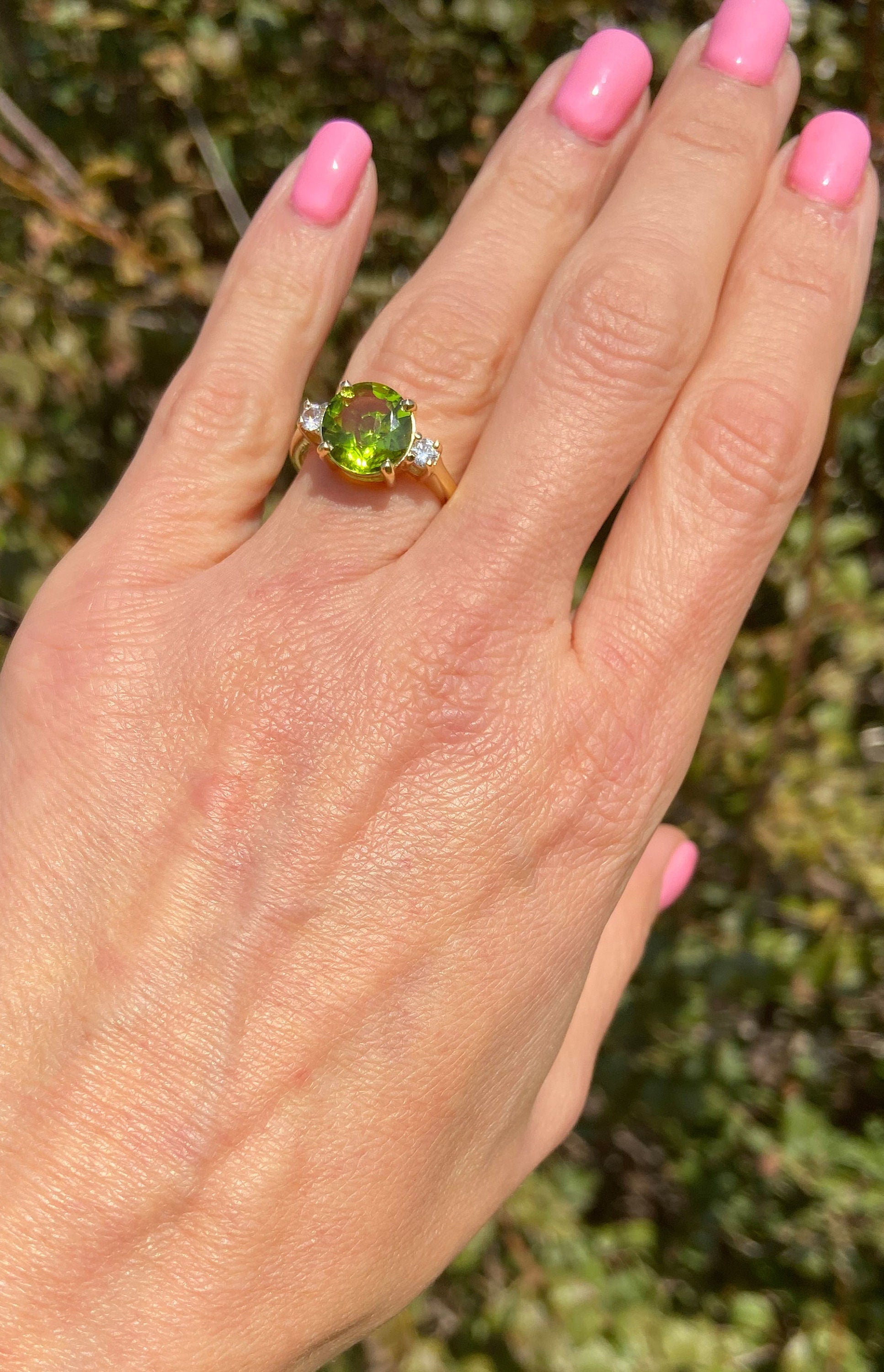 Peridot Ring - August Birthstone - Statement Engagement Ring with Round Peridot Gemstone and Clear Quartz Accents - H.L.Jewelry