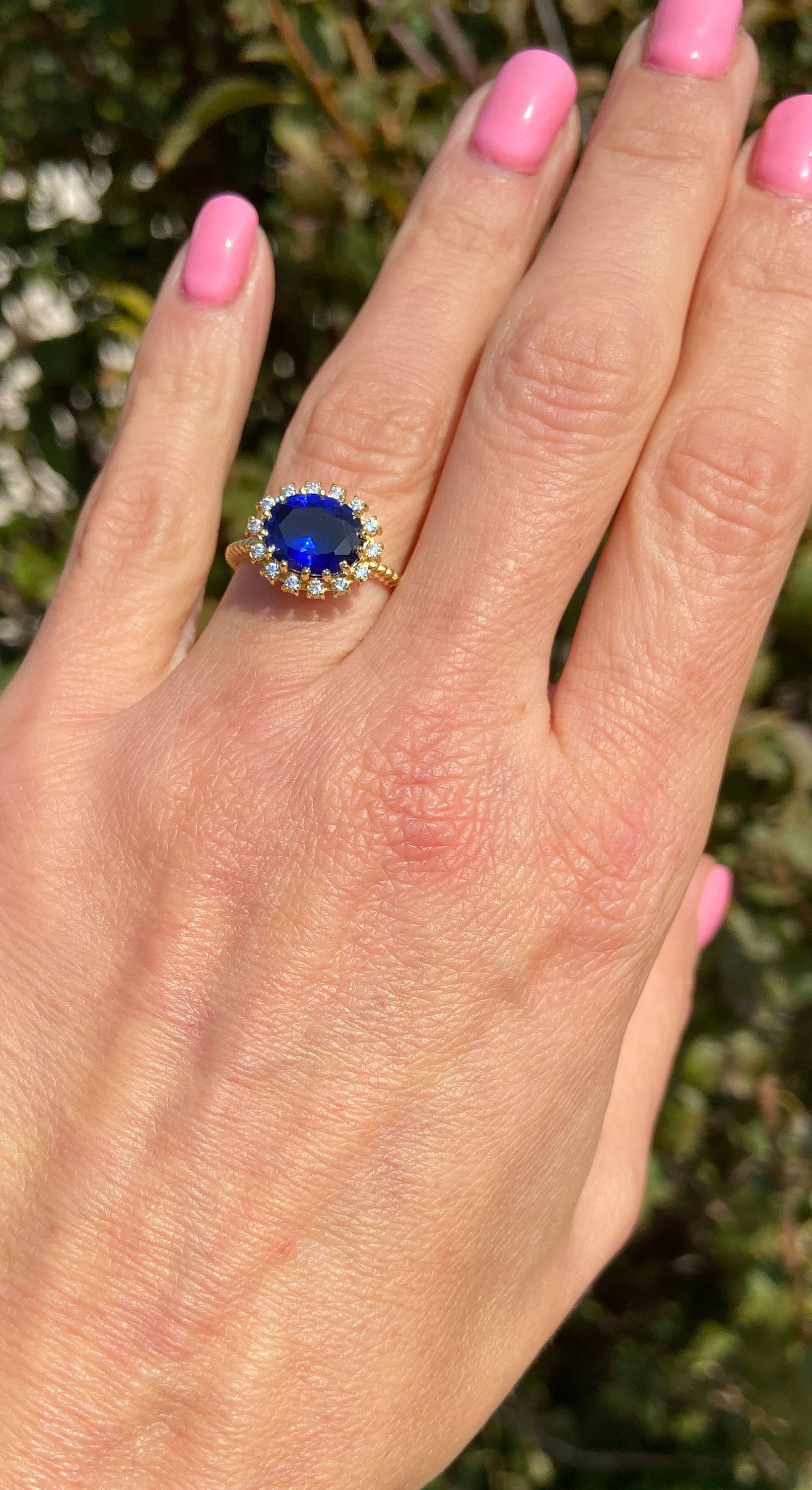 Blue Sapphire Ring - September Birthstone - Engagement Ring with Oval Blue Sapphire Gemstone and Clear Quartz Halo - H.L.Jewelry