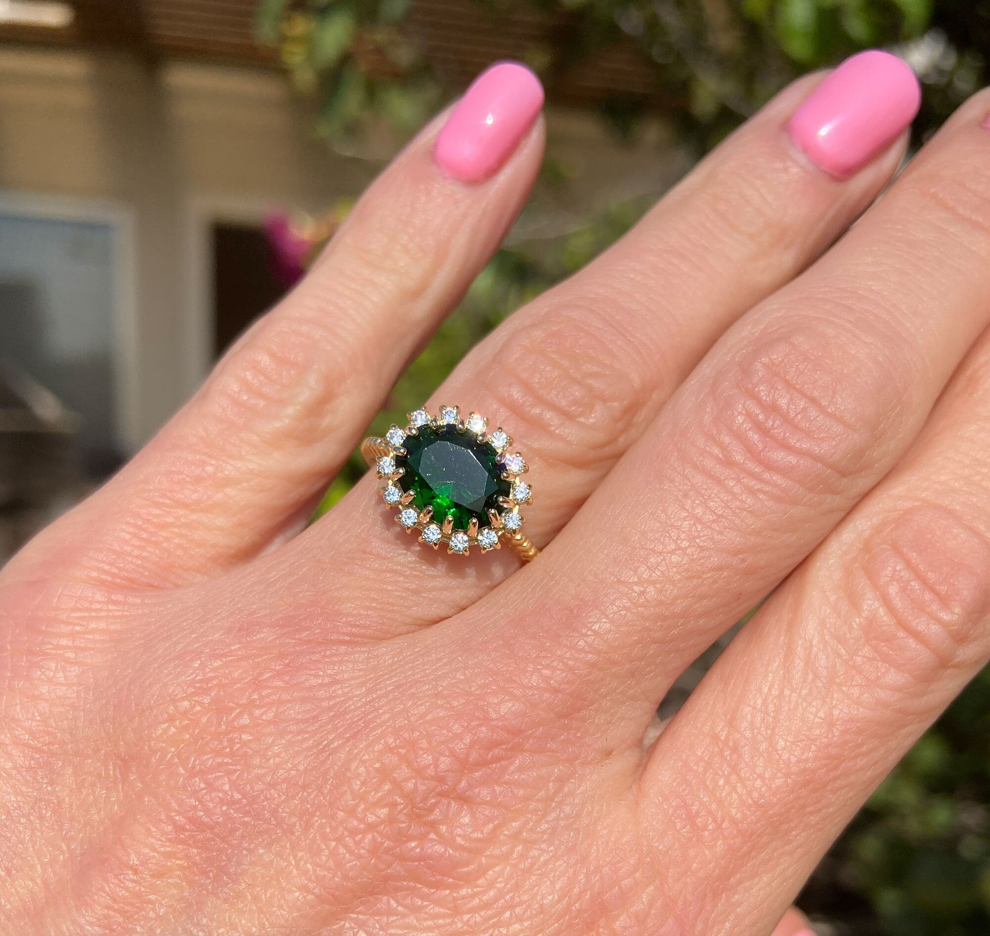 Emerald Ring - May Birthstone - Engagement Ring with Oval Emerald Gemstone and Clear Quartz Halo - H.L.Jewelry