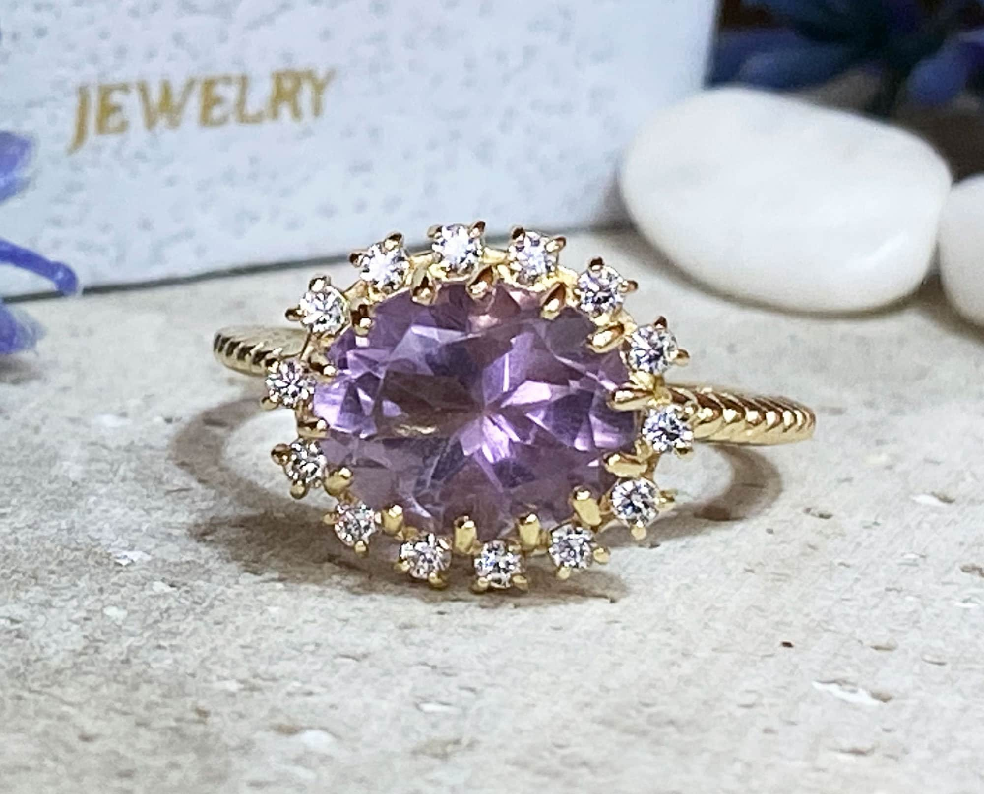 Lavender Amethyst Ring - Engagement Ring with Oval Lavender Amethyst Gemstone and Clear Quartz Halo - H.L.Jewelry