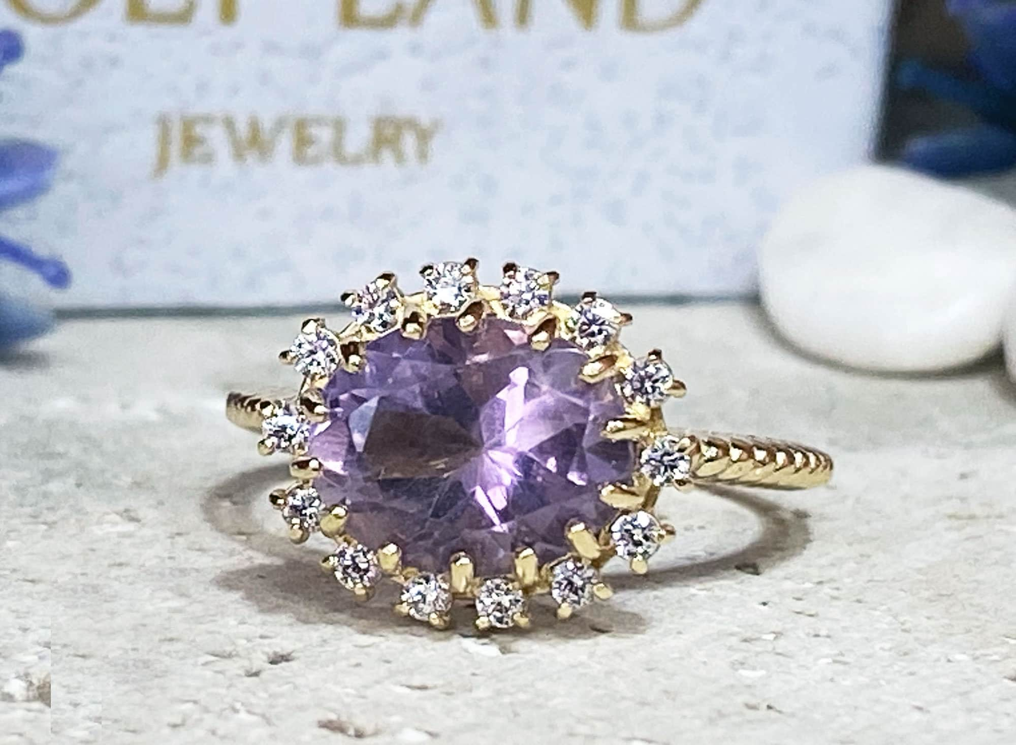 Lavender Amethyst Ring - Engagement Ring with Oval Lavender Amethyst Gemstone and Clear Quartz Halo - H.L.Jewelry