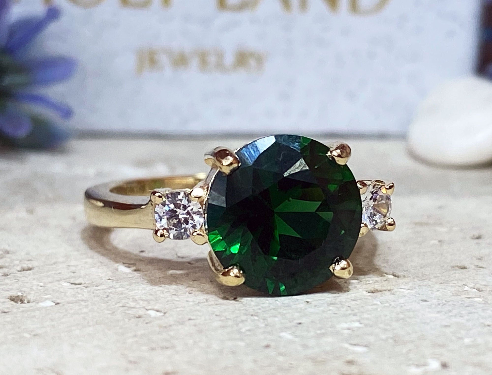 Emerald Ring - May Birthstone - Statement Engagement Ring with Round Emerald Gemstone and Clear Quartz Accents - H.L.Jewelry